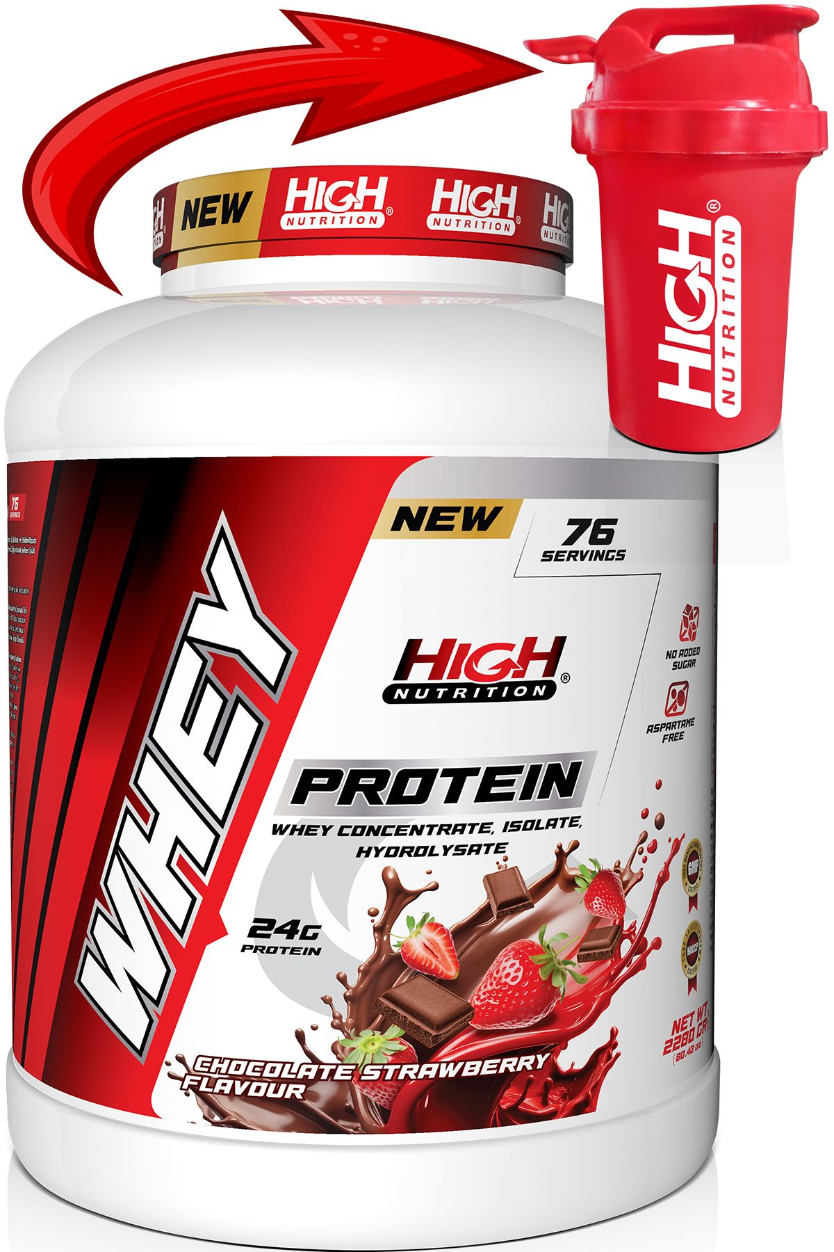 High Nutrition Protein Tozu 2280 Gr Çikolata Çilek Aromalı Whey Protein 24 Gram Protein 76 Servis Shaker Hediye