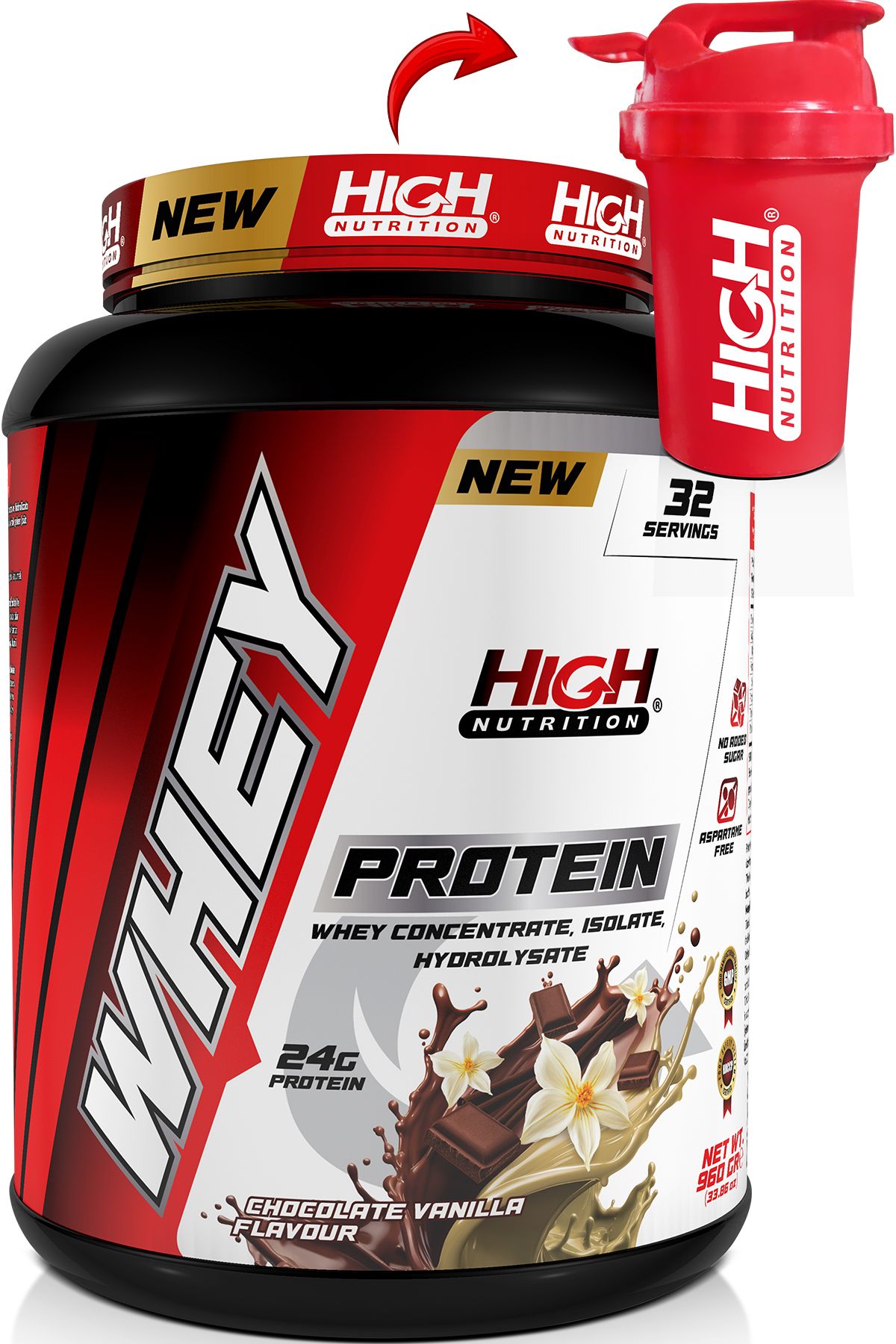 High Nutrition Whey Protein 960 gr Çikolata Vanilya Aromalı Protein Tozu 24 gram Protein 32 Servis Shaker Hediye