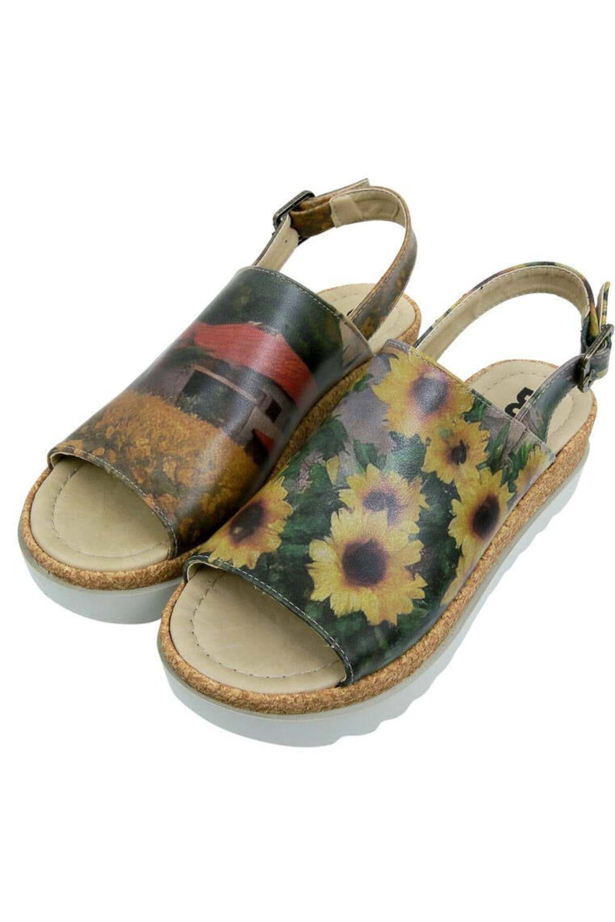 Dogo Kadın Vegan Deri Çok Renkli Kalın Taban Sandalet - Sunflowers Tasarım
