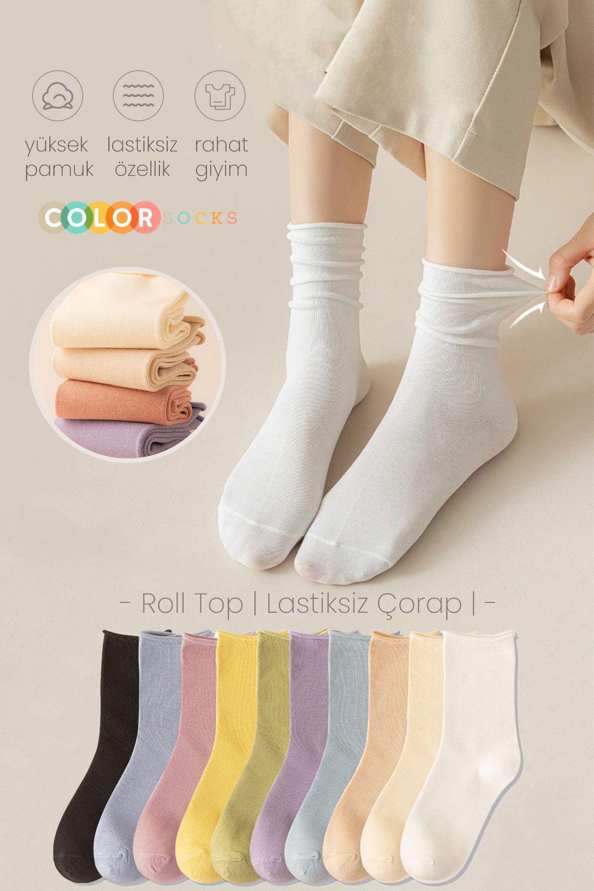 Color Socks 5 Çift Roll Top Lastiksiz Kadın Çorap (DİKİŞSİZ BURUN)
