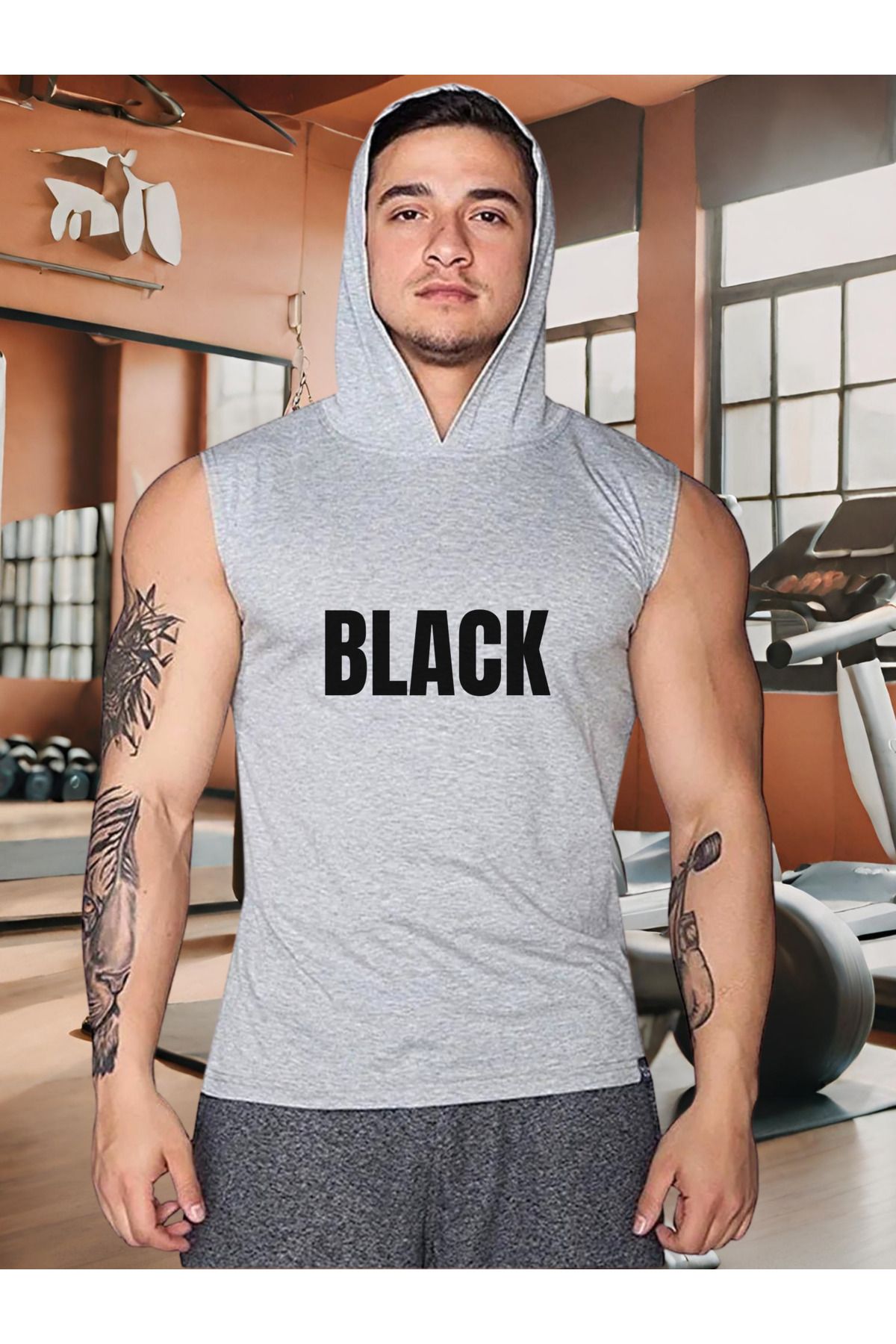 TREND ALİSSE Erkek Kapşonlu Spor Atlet - Black Baskılı Sporcu Fitness Gym Atleti