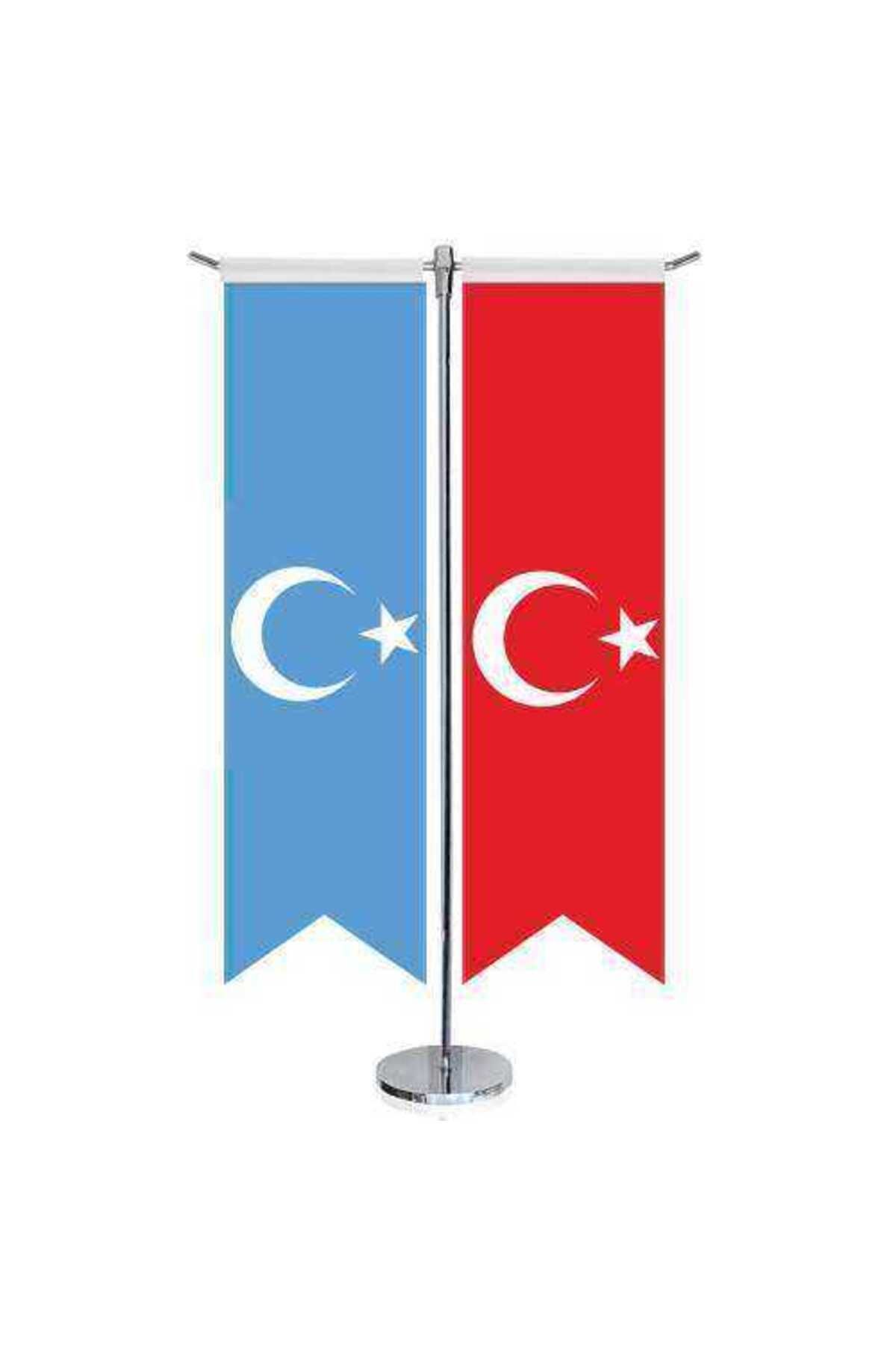 Genel Markalar Doğu Türkistan Bayrağı Ve Türkiye -saten T Direk 2li Masa Bayrağı