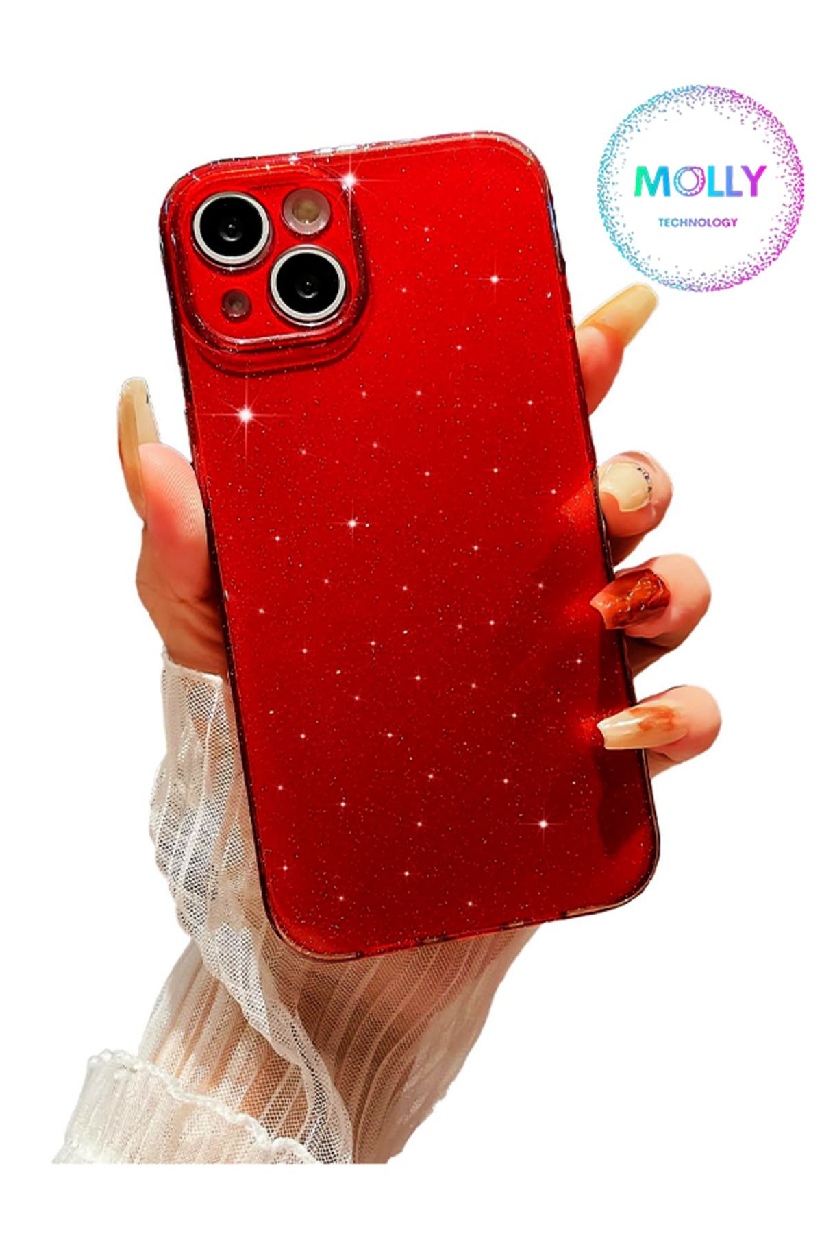 Molly iPhone 14 PLUS İçin Sangria Kırmızısı Berry Simli Parlak Silikon Kılıf