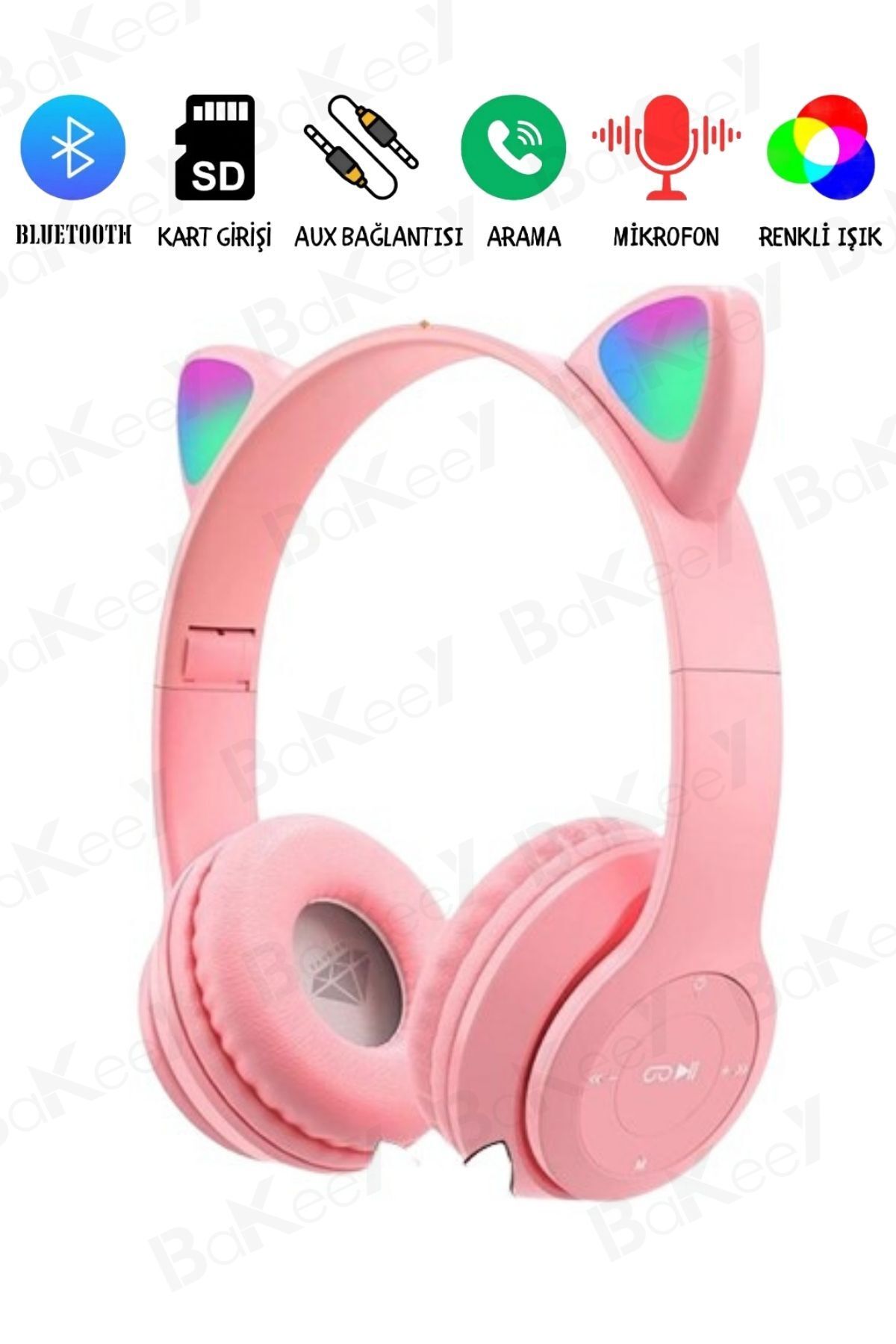 Bakeey Çocuk Kulaklık Kedi Kulak Mikronlu Hafıza Kartı Led Işıklı Aux Kedili Kablosuz Bluetooth Kulaklık