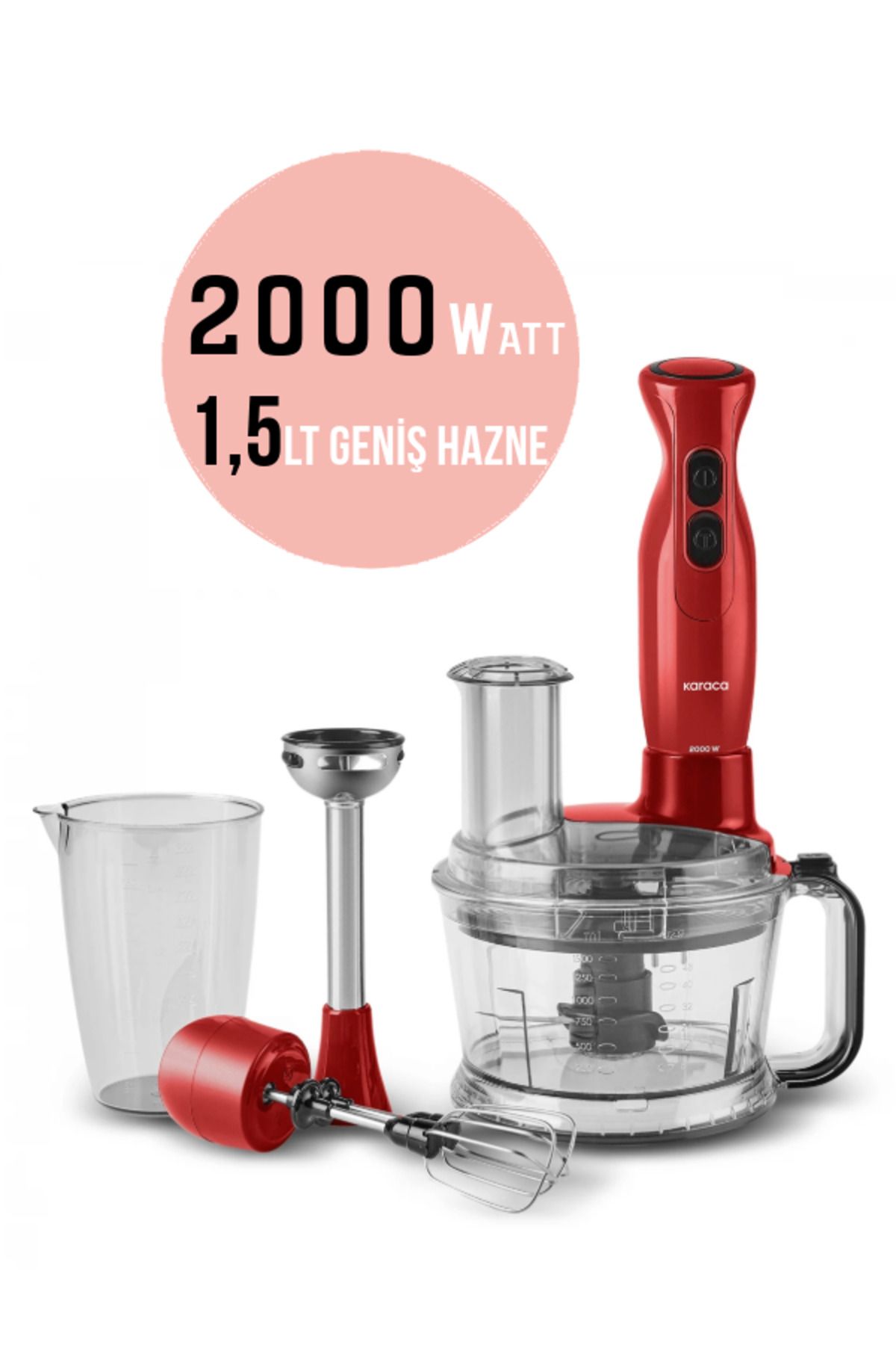 Karaca PRO-2000W Turbo Doğrayıcı, Dilimleme Rondo, Blender - İkili çelik mikser, Buz Kırıcı Mutfak Robotu