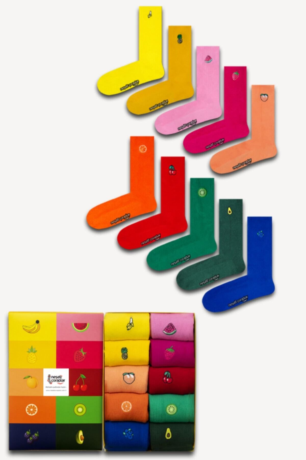 Neşeli Çoraplar Unisex Renkli 10'lu Nakışlı Soket Çorap Set