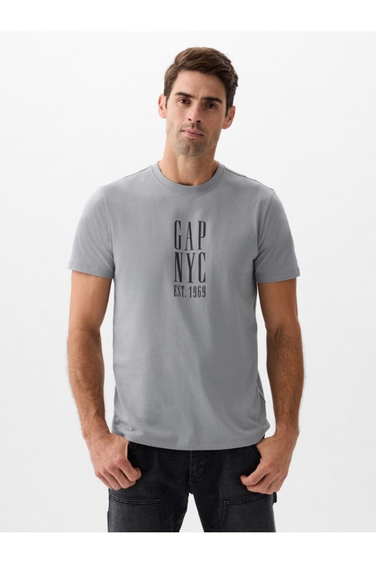 GAP Erkek Gri Gap 1969 NYC Logo T-Shirt