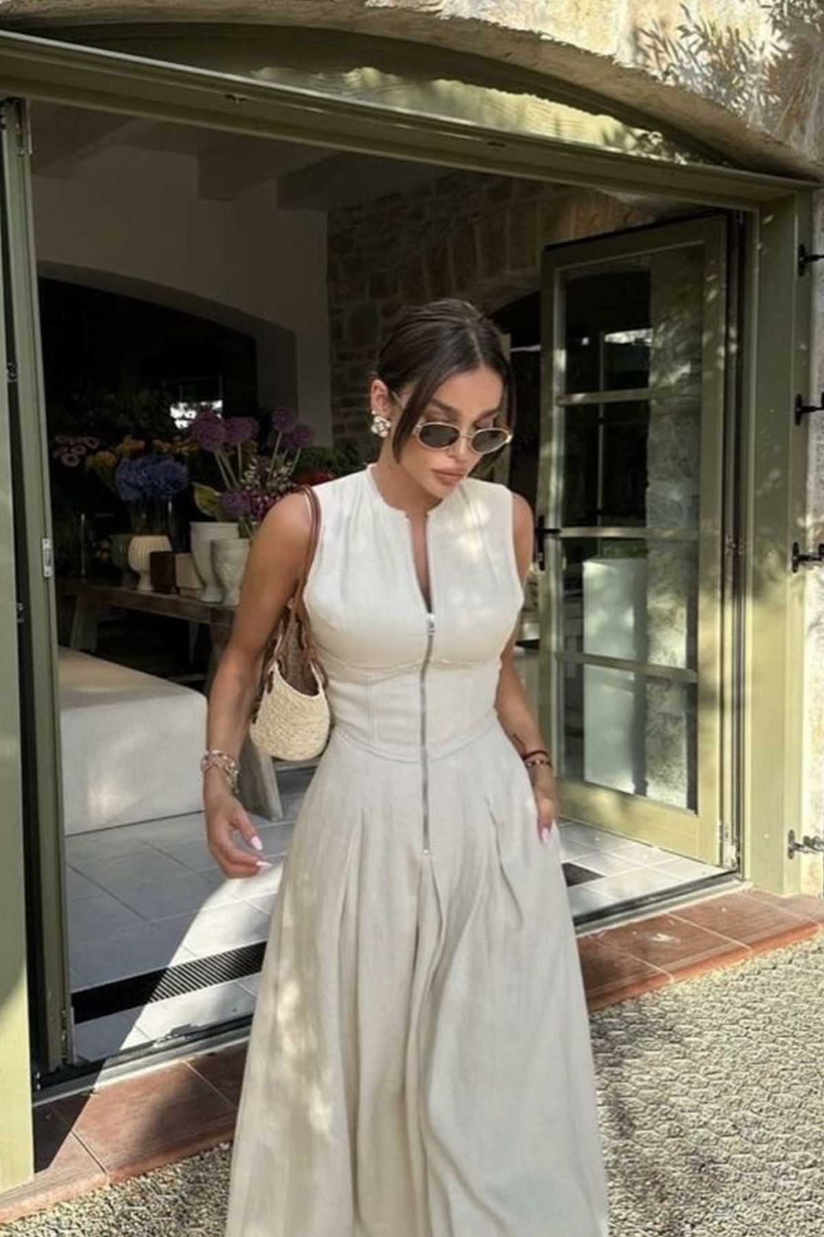 Roberto Nişantaşı Kadın Ön Fermuar Detaylı Dokuma Slim Kesim Beyaz Elbise