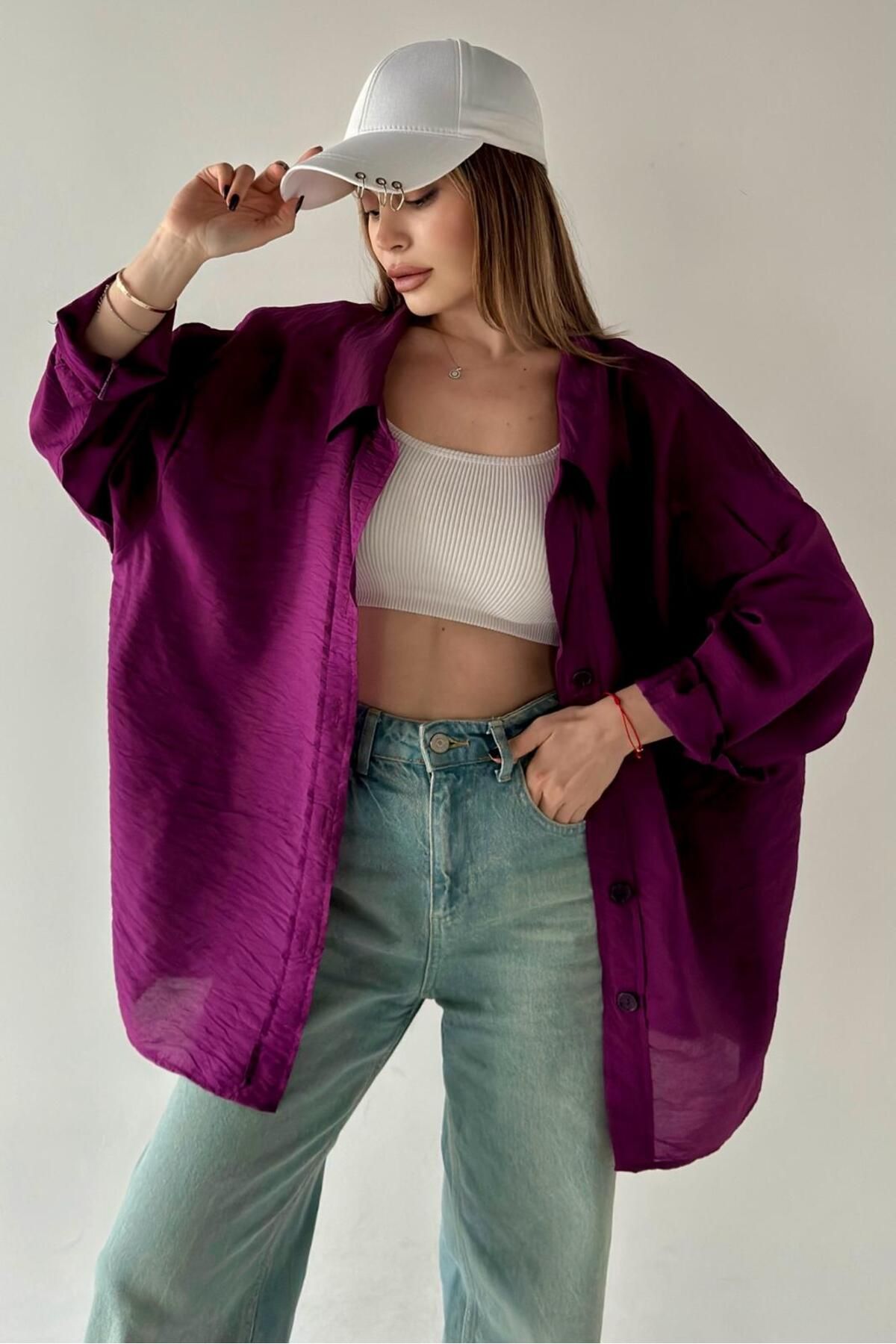 bb butik basic Kadın Mor Oversize Dökümlü Tek Cepli Gömlek