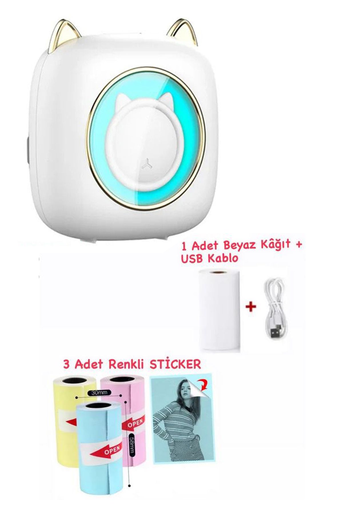 Schulzz Mini Cep Termal Yazıcı Beyaz Kedili, 1adet Beyaz, 3adet Renkli Sticker Hediyeli