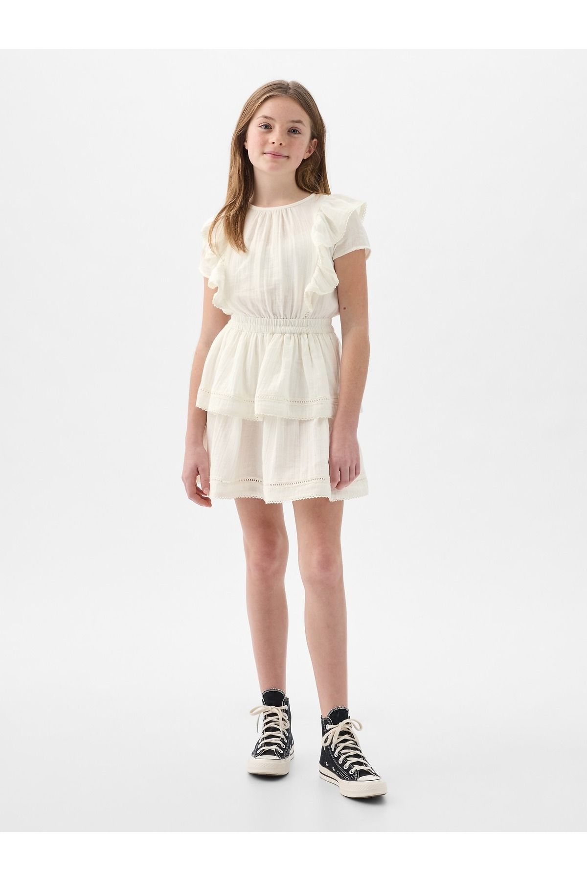 GAP Kız Çocuk Kırık Beyaz Fırfırlı Elbise