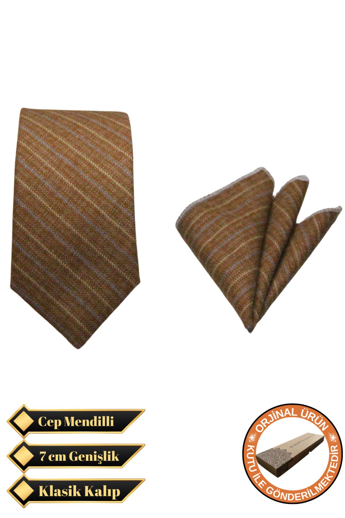 Elegante Cravatte Çizgili Desen Pamuklu Kumaş Kravat ve Cep Mendili