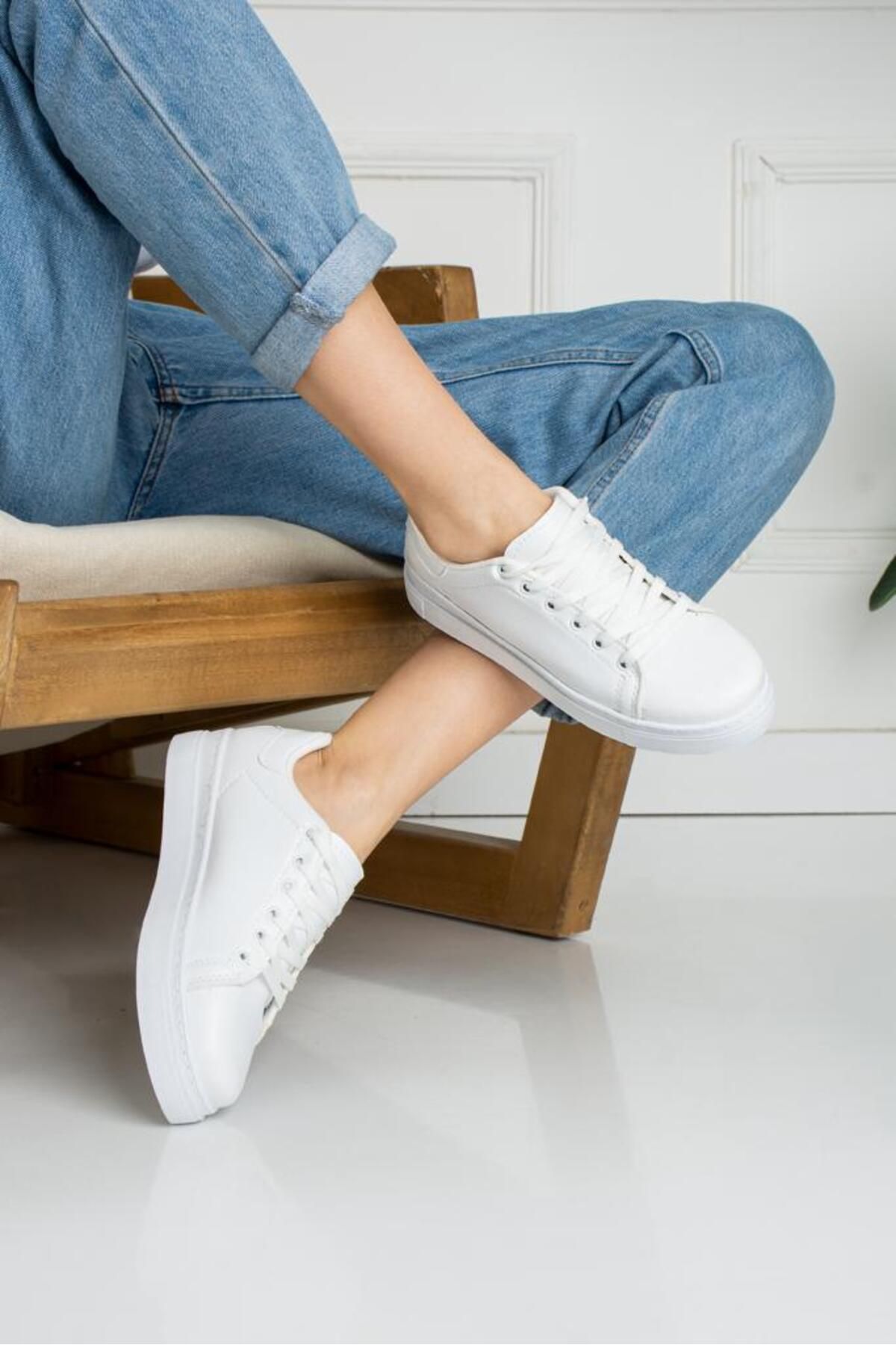 galya shoes Kadın Beyaz Spor Sade Bağcıklı Ayakkabı