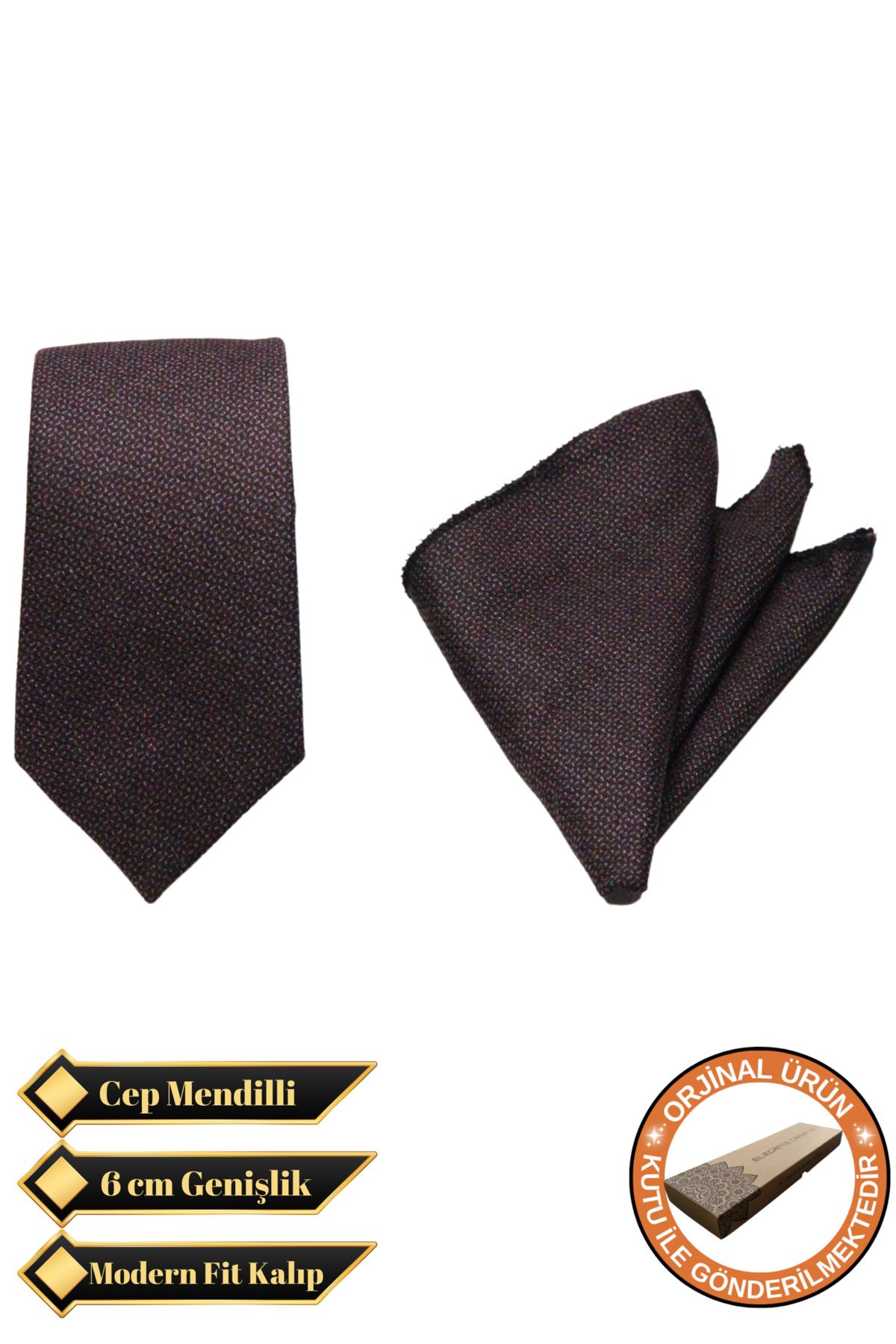 Elegante Cravatte Bordo Renk Pamuklu Kumaş Kravat ve Cep Mendili