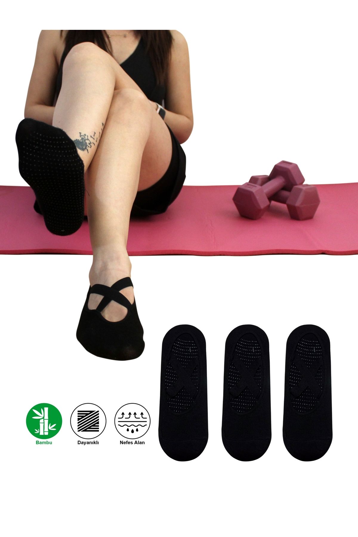 Sweex 3 Çift Bambu Siyah Kaymaz Taban Silikon Baskılı Yoga Fitness Pilates Ve Aktivite Kadın Çorabı