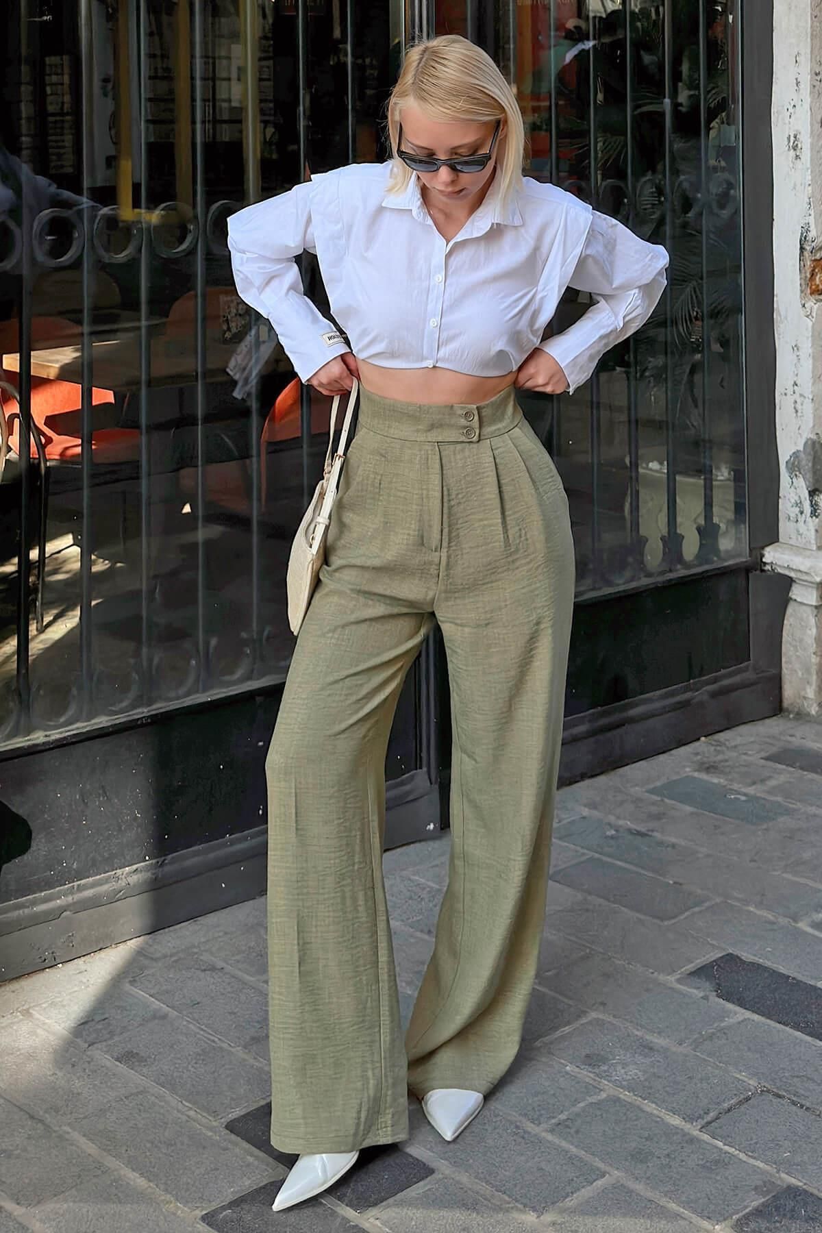 Swist Haki Çift Düğmeli Pileli Kadın Palazzo Keten Pantolon