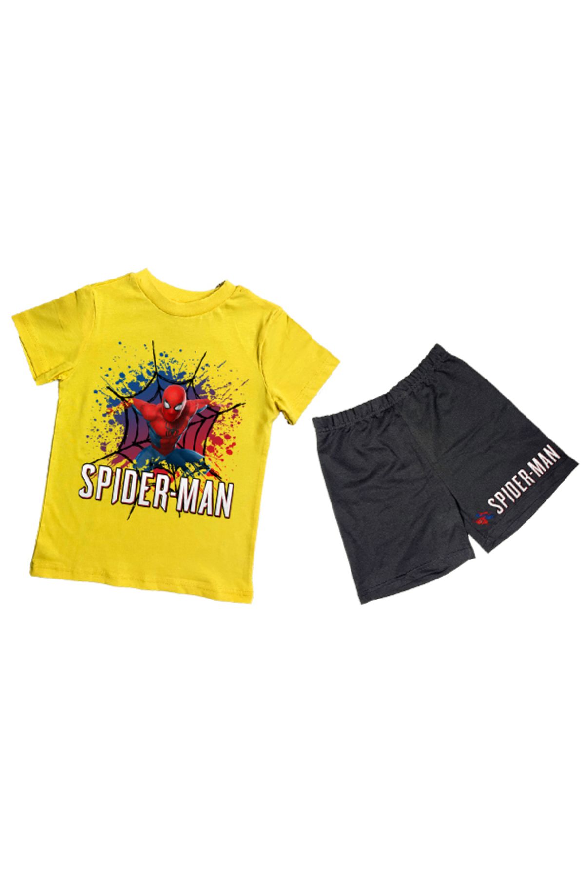 Batman unisex Spiderman baskılı pamuklu kumaş kısa kollu şortlu ikili çocuk takımı