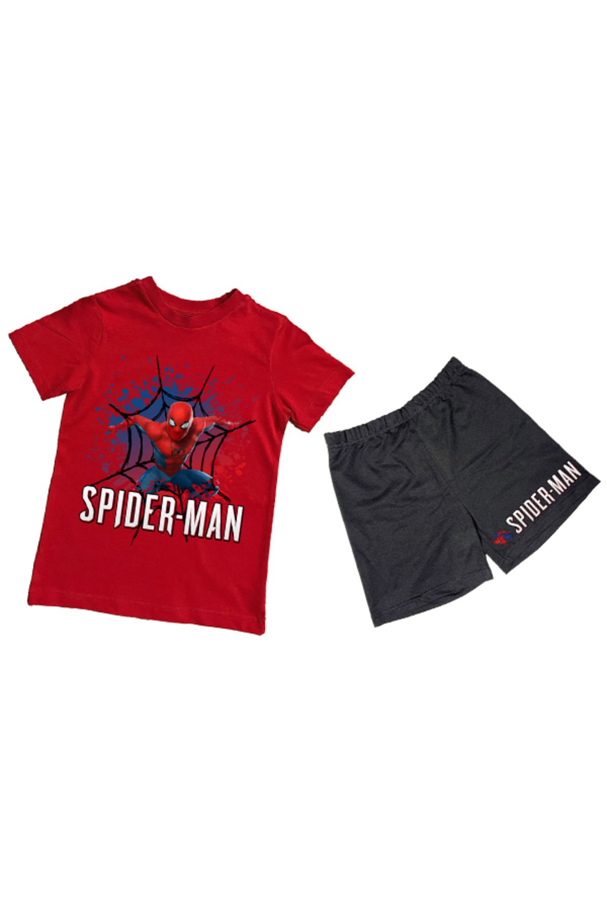 Spiderman unisex Spiderman baskılı pamuklu kumaş kısa kollu şortlu ikili çocuk takımı