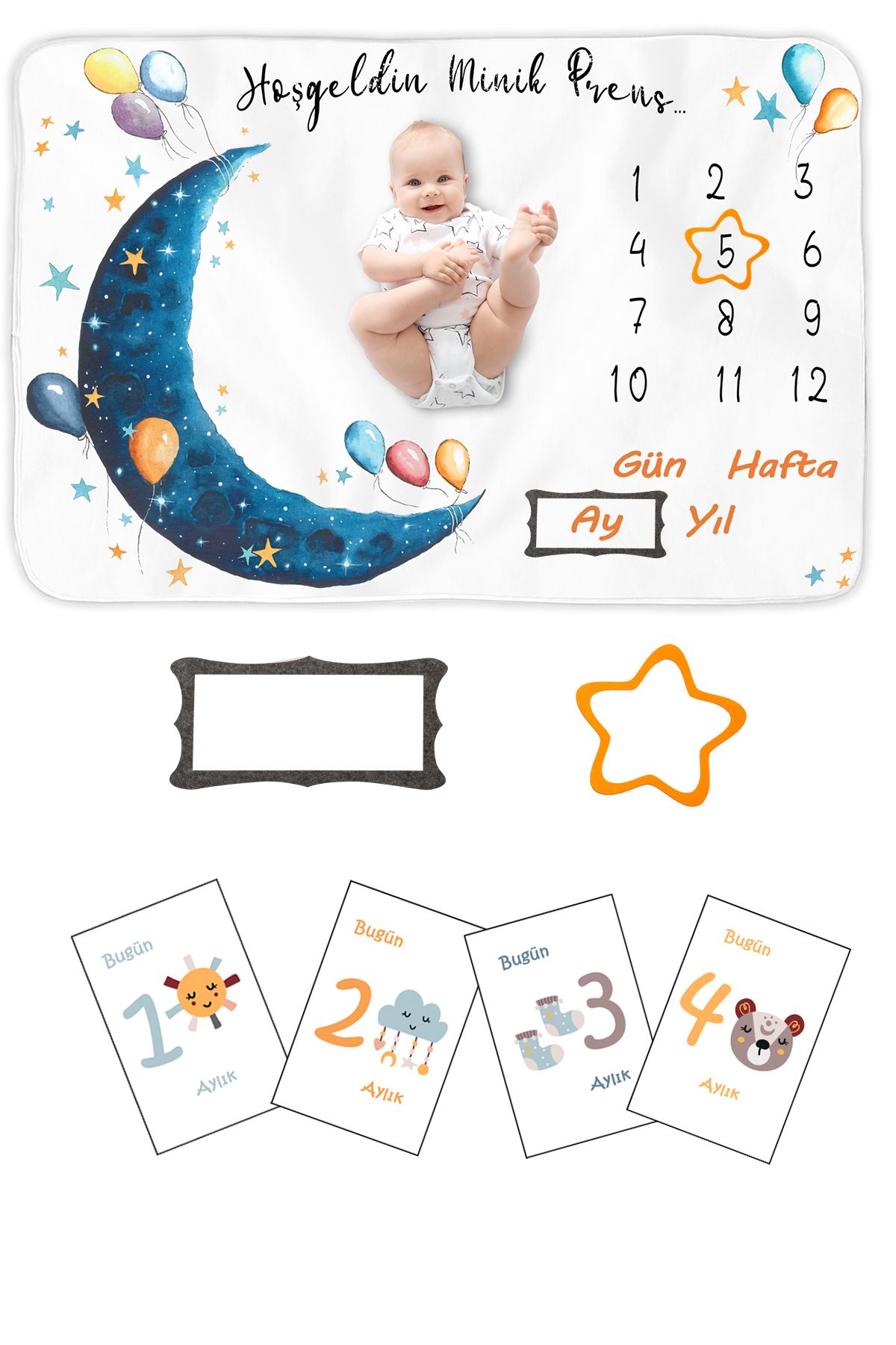 Moky Design Bebek Hediye Aylık Fotoğraf Anı Battaniyesi, Erkek Bebek Yeni Doğan Baby Shower Doğum