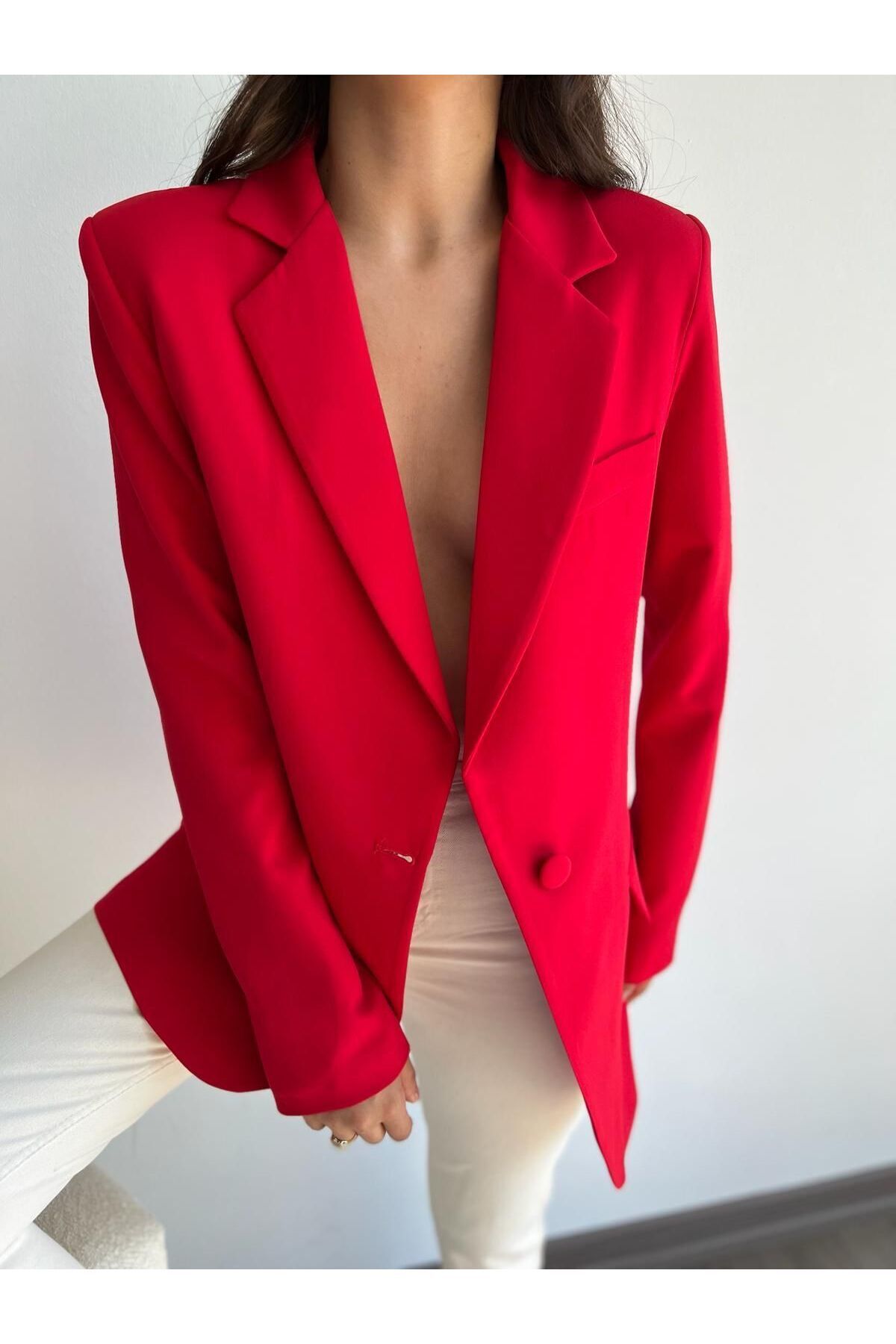 CYU Canlı Kırmızı Oversize Uzun Blazer Kadın Ceket