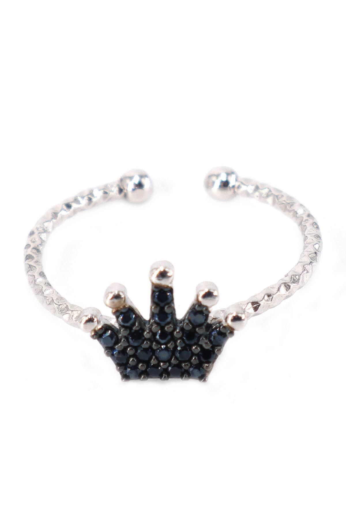 Neva Jewelry 925 Ayar Ayarlanabilir SiyahTaşlı Kraliçe Modelli Gümüş Yüzük