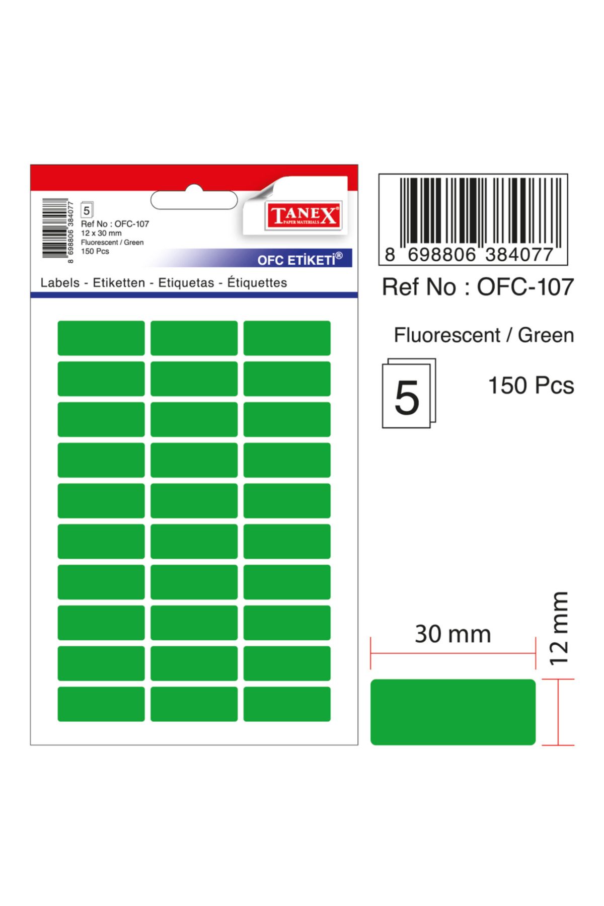 Tanex Ofc-107 Çıkartma Etiket 30x12 Mm Fosforlu Yeşil 150 Li Paket