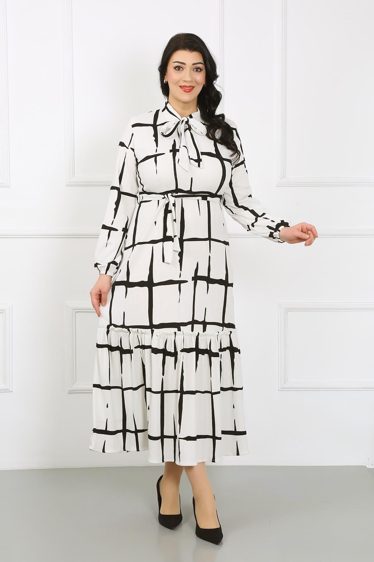 By Alba Collection Kadın Beyaz Flar Yakalı Uzun Kollu Likralı Örme Bürümcük Elbise