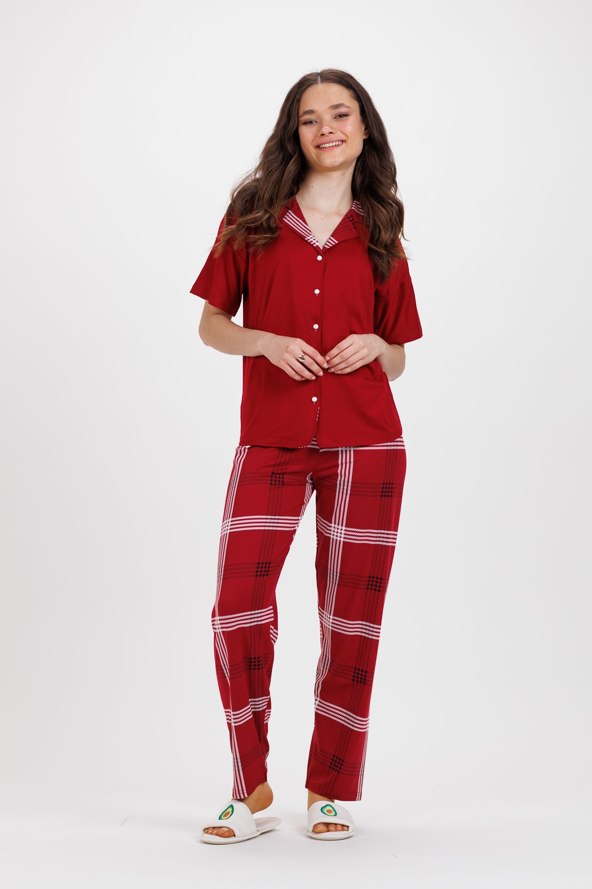 Ecrou Kadın Kırmızı Ekose Bebe Yaka Düğmeli Uzun Alt Pijama Takım