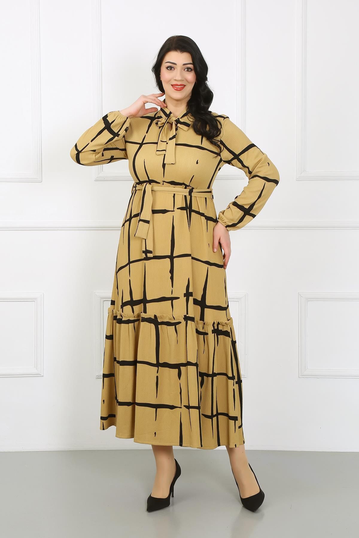 By Alba Collection Kadın Taba Flar Yakalı Uzun Kollu Likralı Örme Bürümcük Elbise