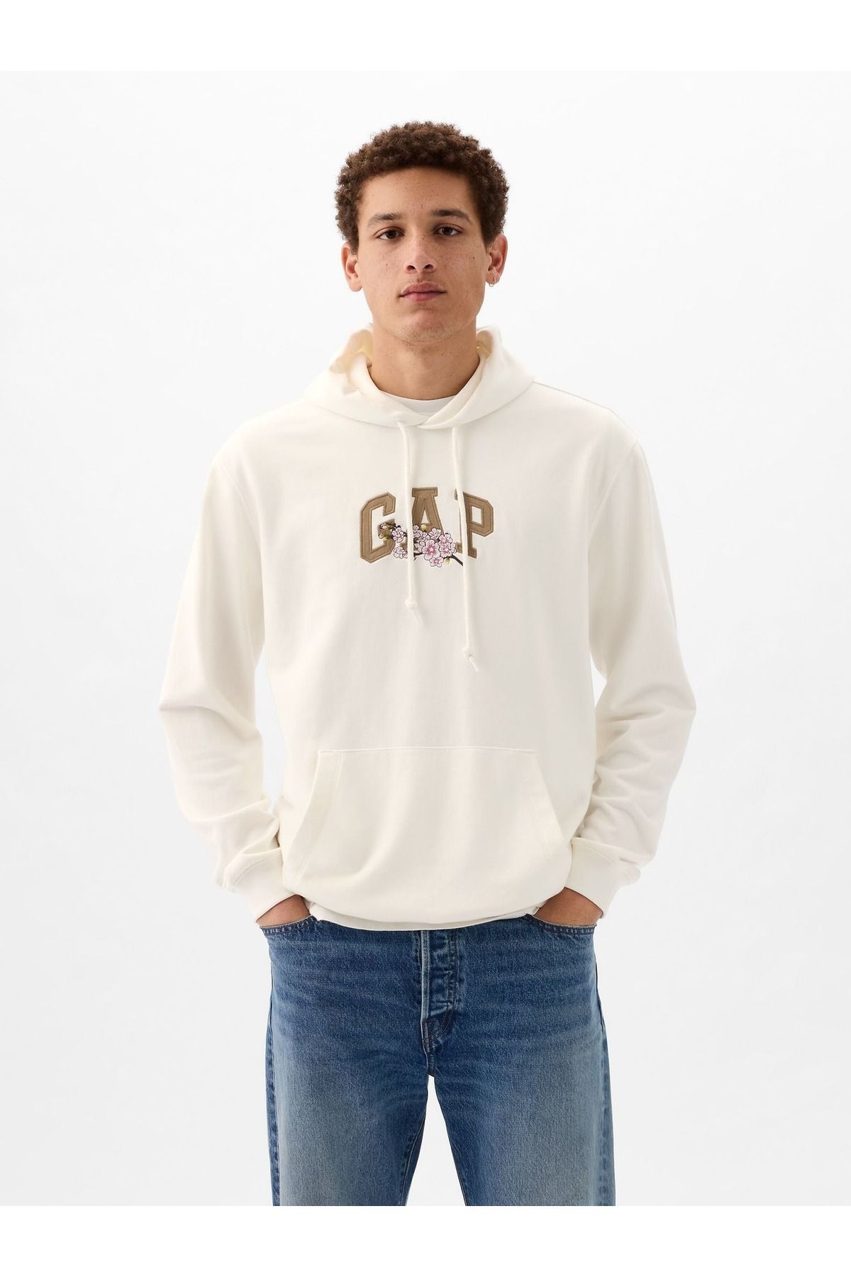 GAP Erkek Kırık Beyaz Gap Logo Çiçek Grafikli Sweatshirt