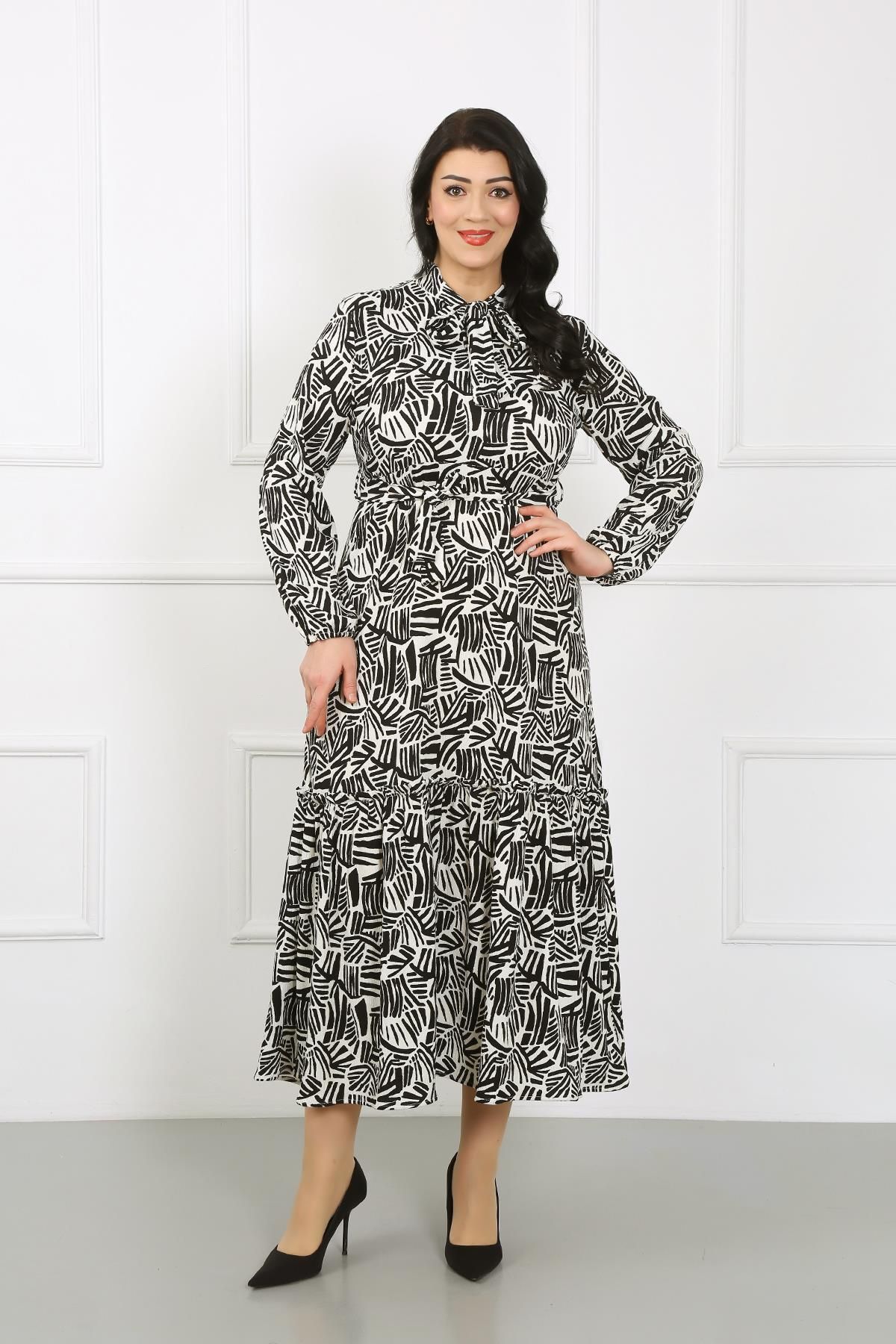 By Alba Collection Kadın Siyah Flar Yakalı Uzun Kollu Likralı Örme Bürümcük Elbise
