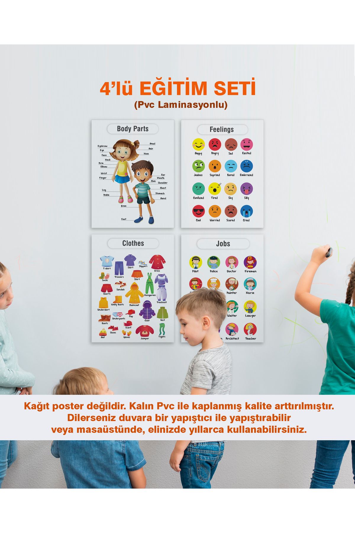 Ayışığı Dizayn Okul öncesi - İlköğretim Çocuk Poster Pvc Laminasyonlu İngilizce 4'lü Eğitim Seti 21x30 cm