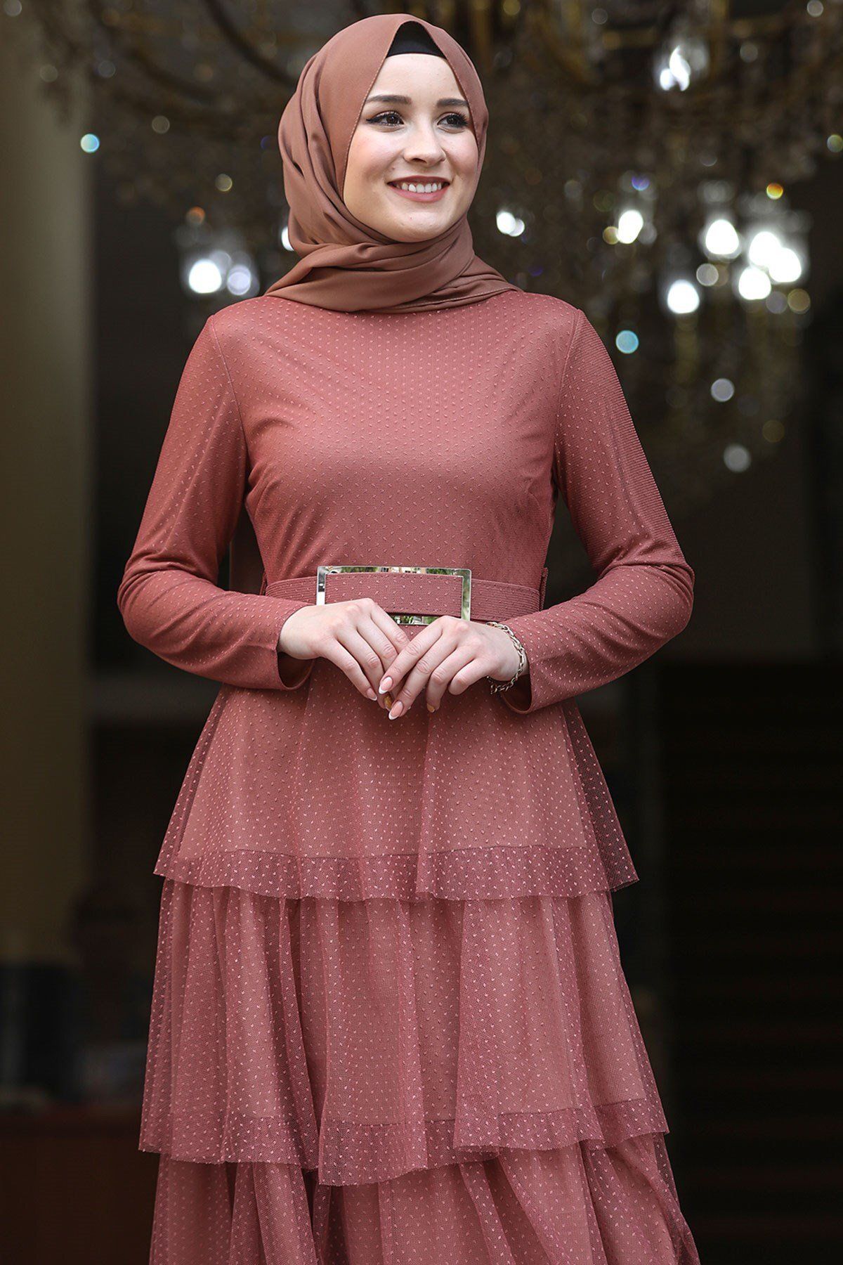 Amine Hüma Kadın Tarçın Puantiyeli Aden Tesettür Elbise