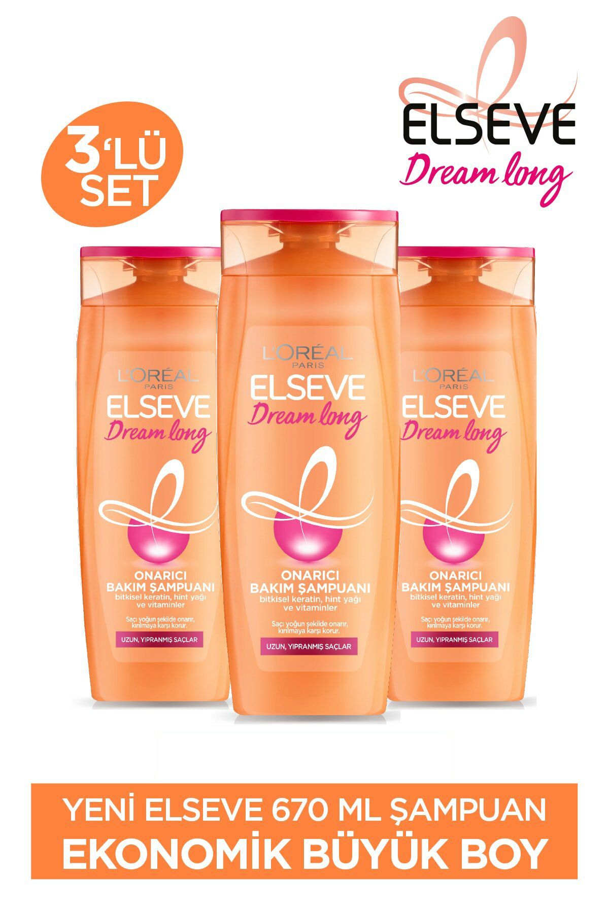 Elseve Dream Long Onarıcı Bakım Şampuanı 670 ml 3'lü Avantajlı Set