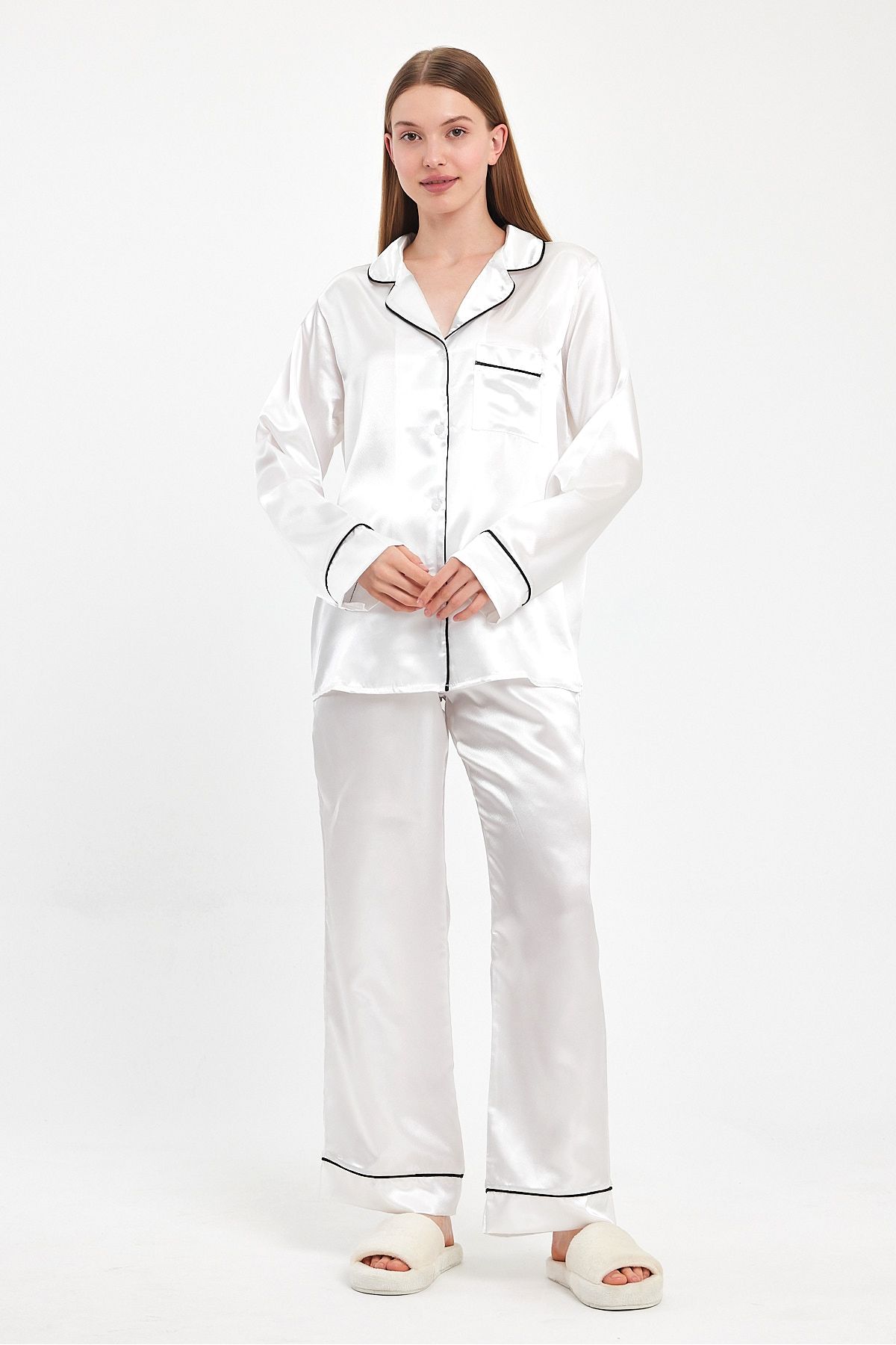 woici Kadın Beyaz-siyah Uzun Kollu Saten Düğmeli Cepli Biyeli Pijama Takım