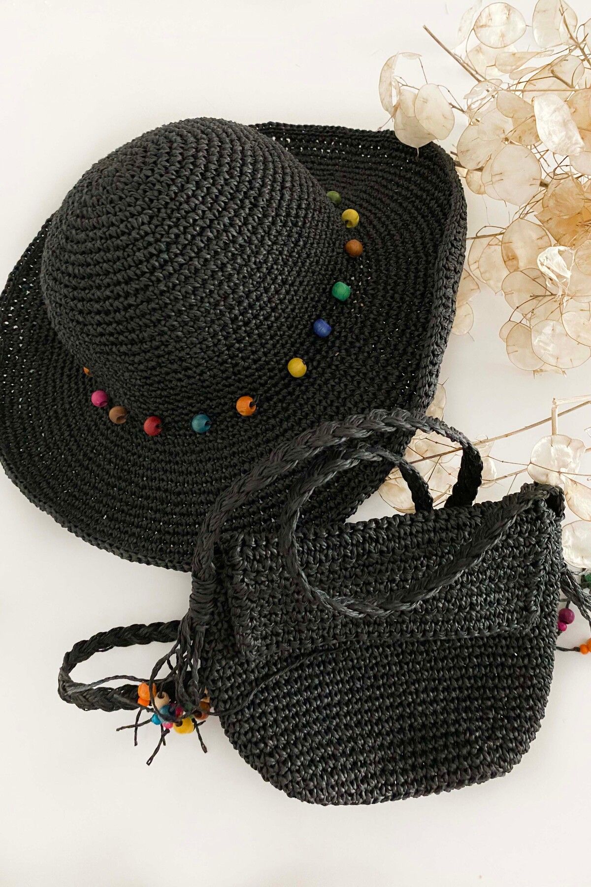Gia Design Kağıt İp El Örgüsü Boncuk İşlemeli Hasır Siyah Renk Şapka ve Çanta Seti