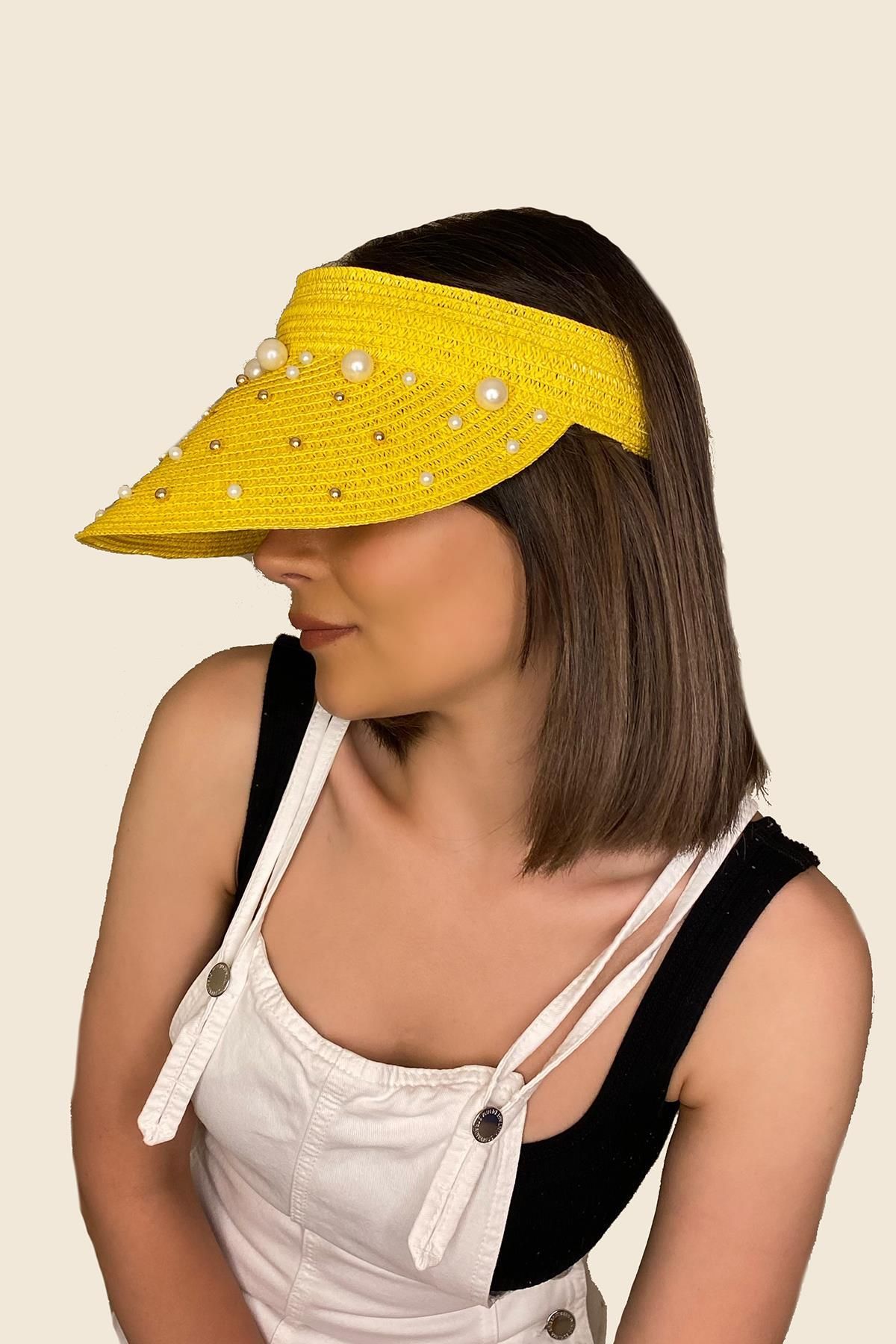 Axesoire 14260-4 Üzeri Incili Sarı Hasır Vizör Şapka