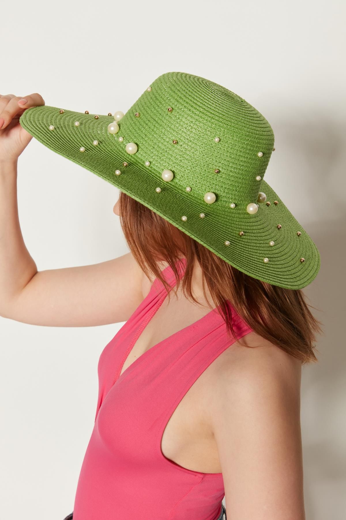 Axesoire 14232-10 Üzeri Incili Yeşil Geniş Hasır Şapka