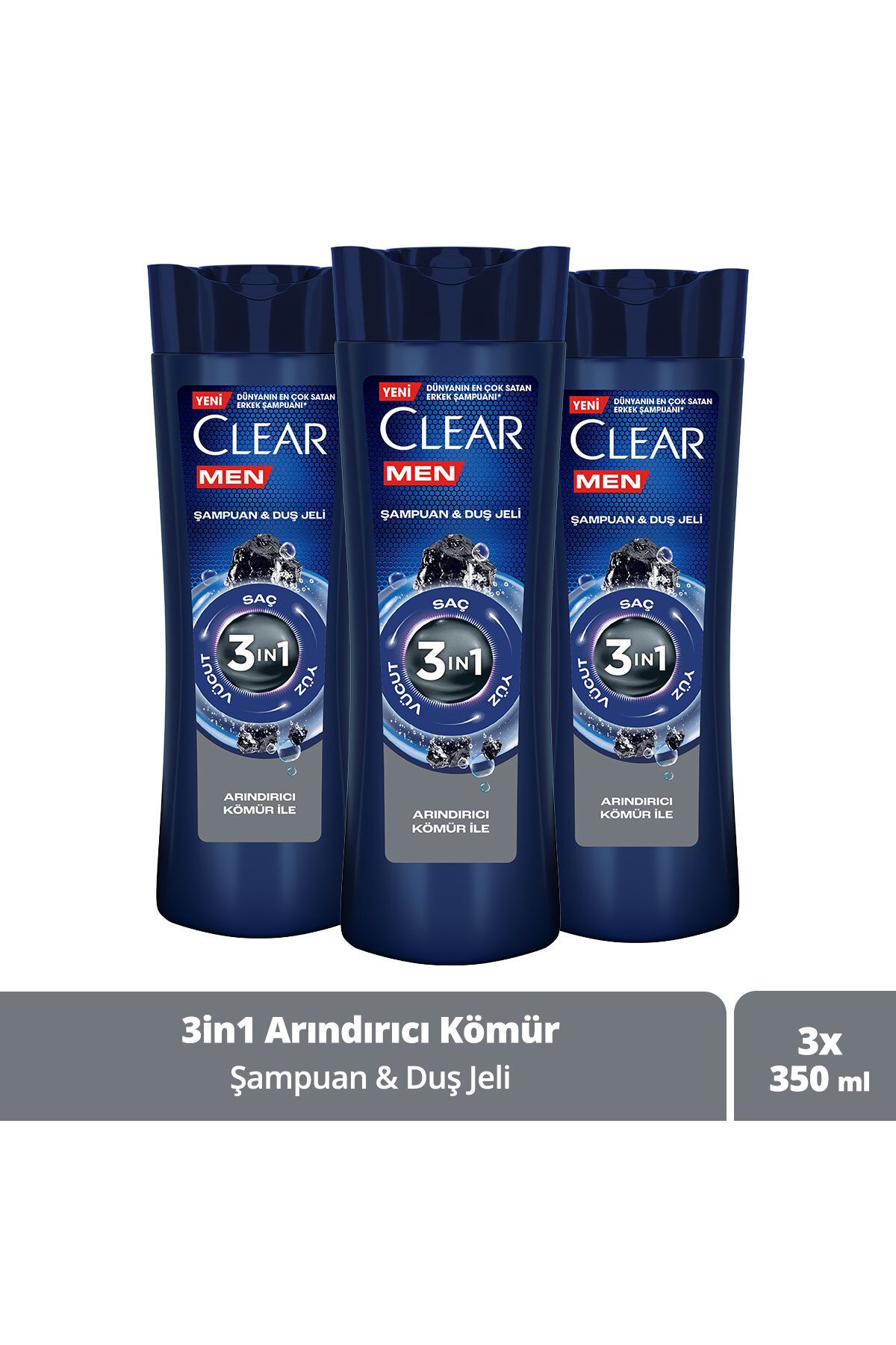 Clear Men 3 In 1 Şampuan & Duş Jeli Arındırıcı Kömür Saç Yüz Vücut Için 350 ml X3