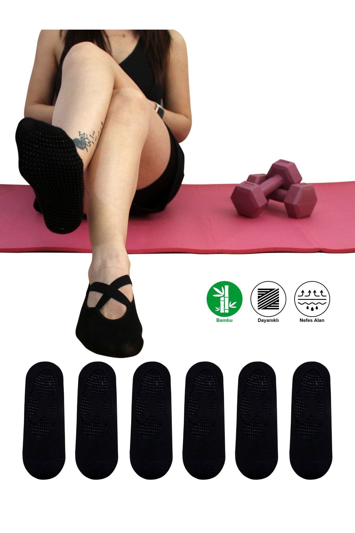 Sweex 6 Çift Bambu Siyah Kaymaz Taban Silikon Baskılı Yoga Fitness Pilates Ve Aktivite Kadın Çorabı