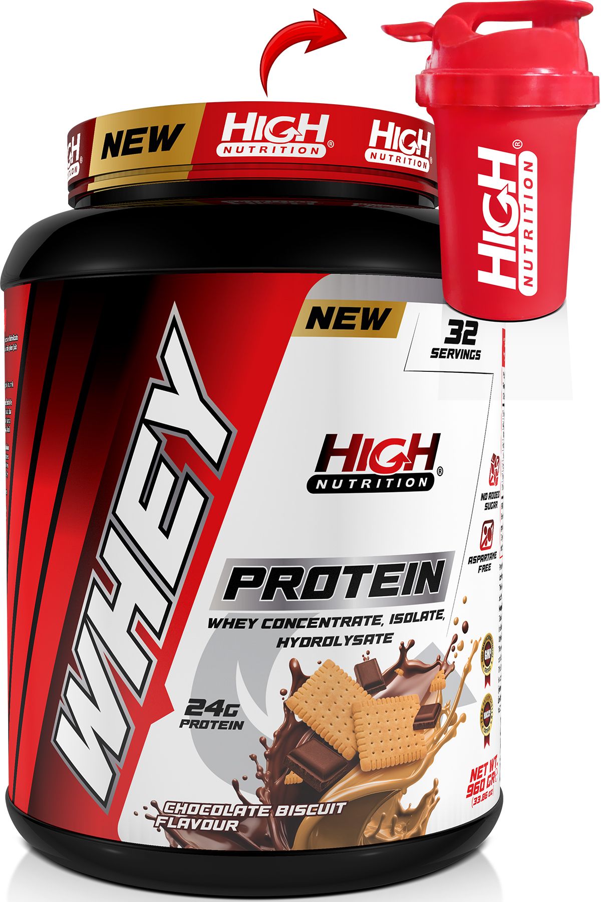 High Nutrition Whey Protein 960 gr Çikolata Bisküvi Aromalı Protein Tozu 24 gram Protein 32 Servis Shaker Hediye