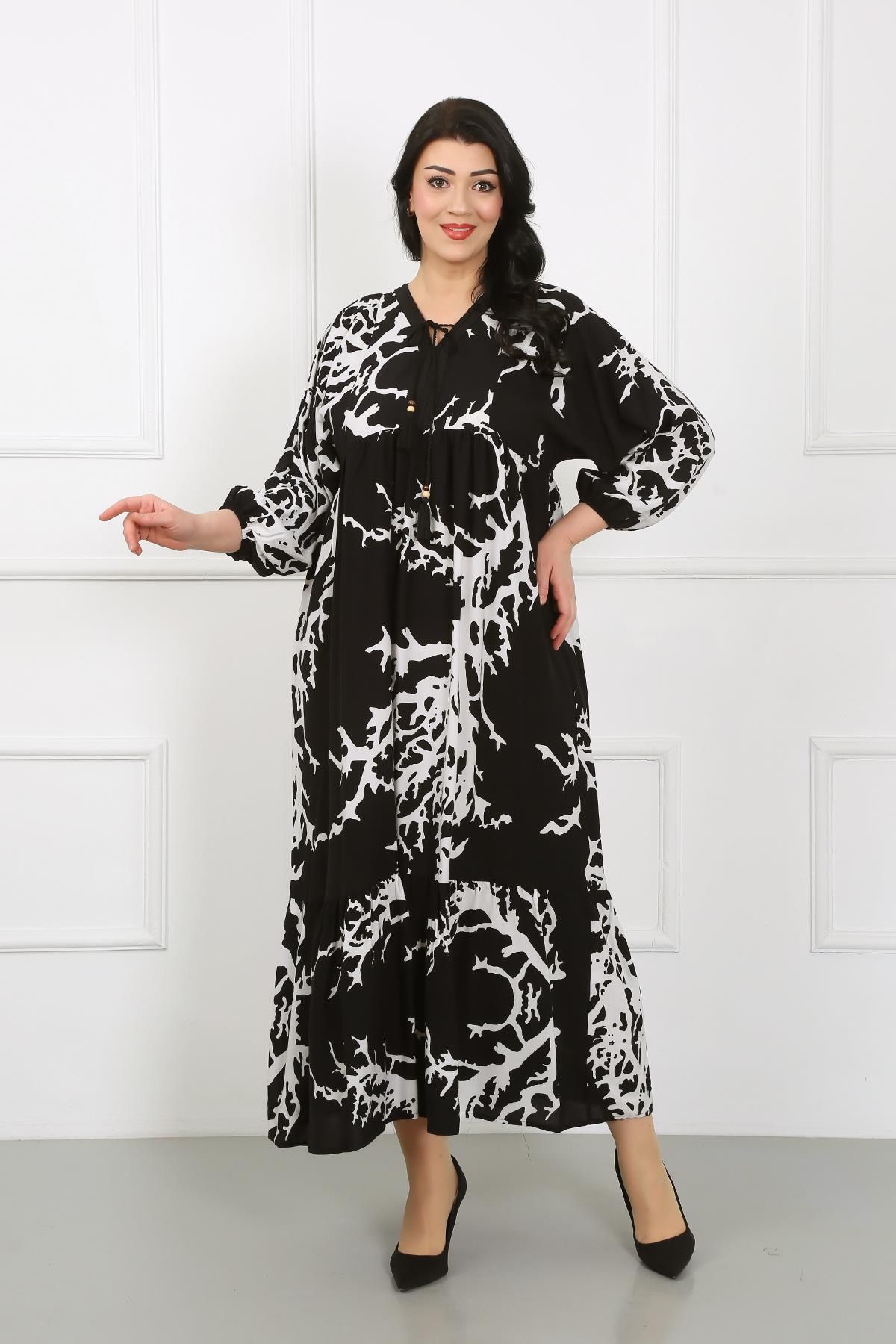 By Alba Collection Kadın Siyah Beyaz Desenli Yakası Dantelli Uzun Kollu Pamuk Viskon Büyük Beden Elbise