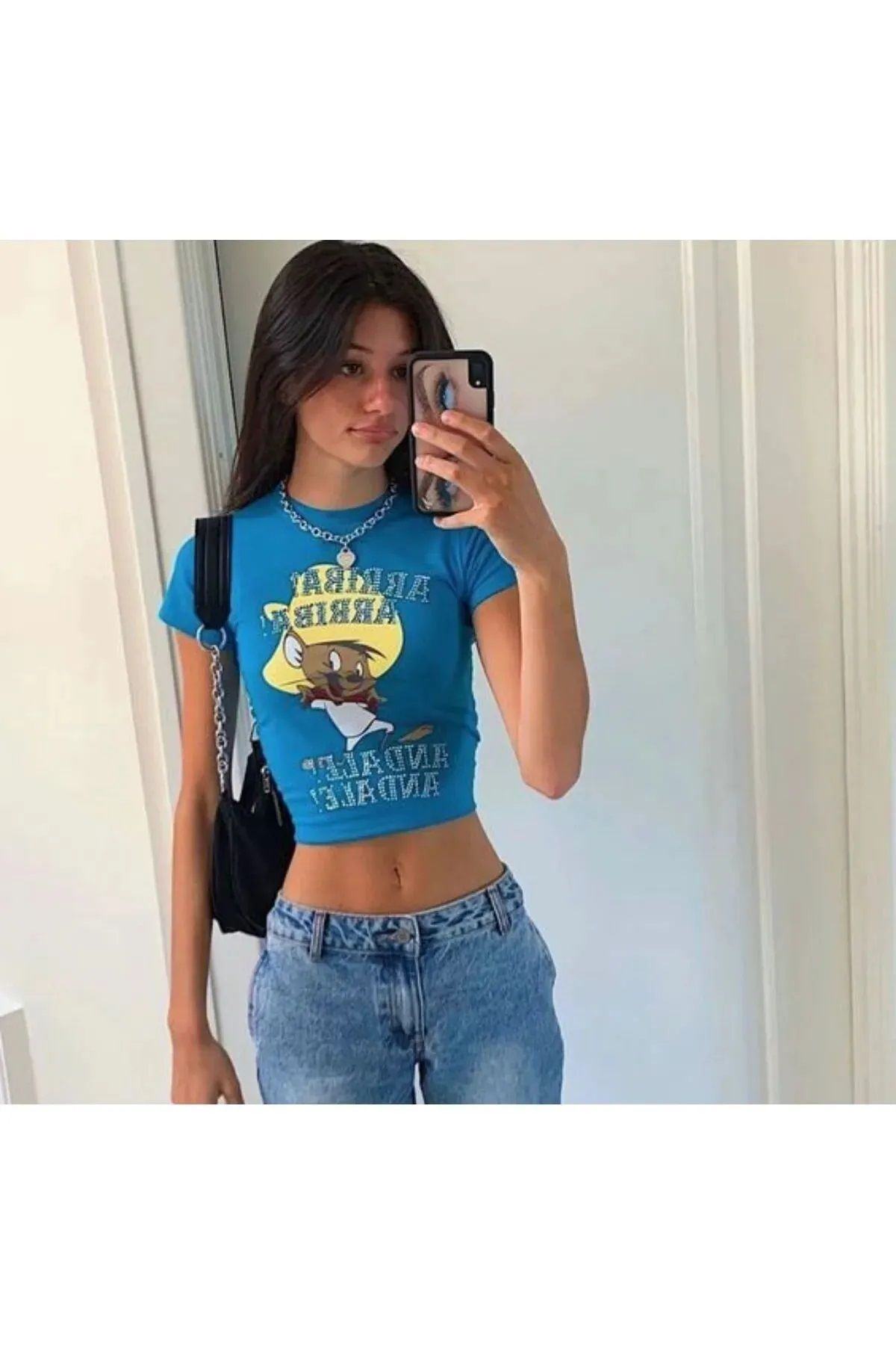 ellevana Mavi Speedy Gonzales Baskılı Kadın Crop Body