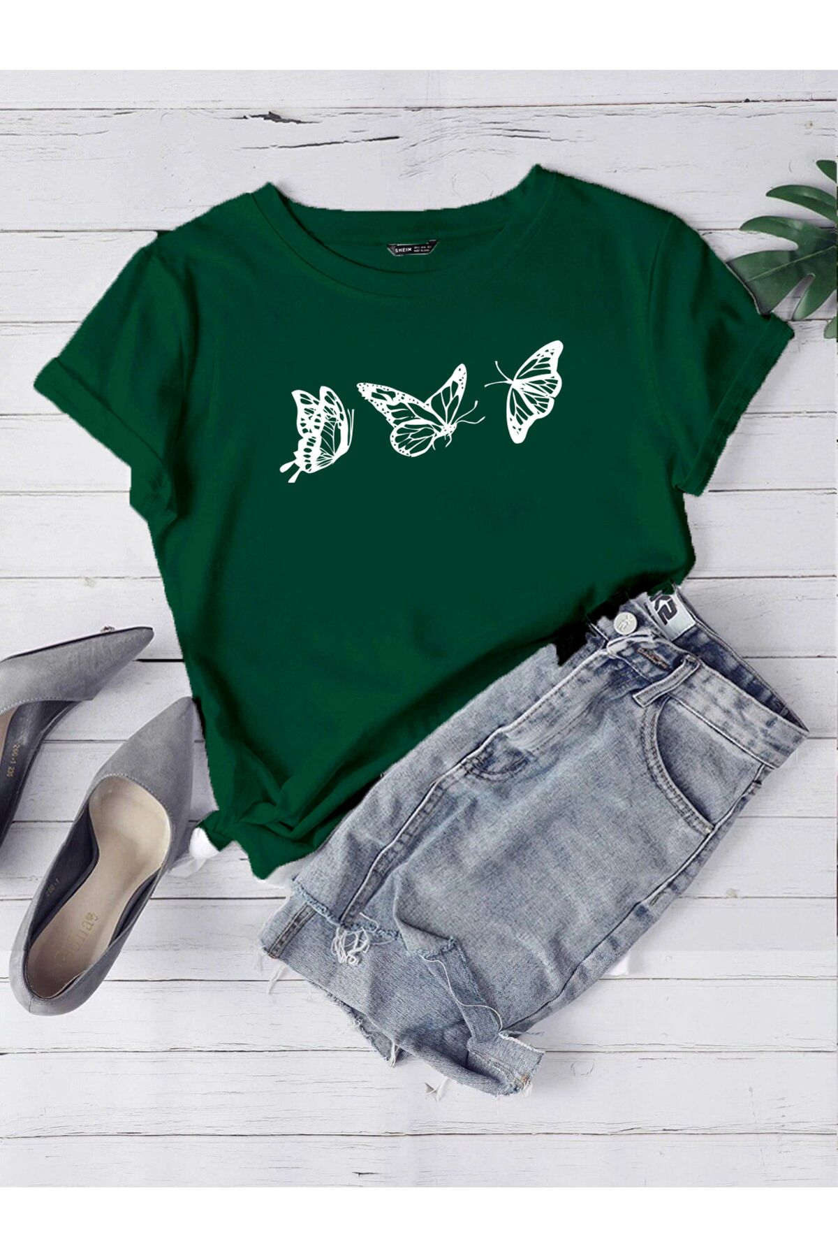 DUBU BUTİK Uçan Kelebekler Süprem T-Shirt - Nefti Yeşil Baskılı Oversize Bisiklet Yaka Kısa Kol Tişört