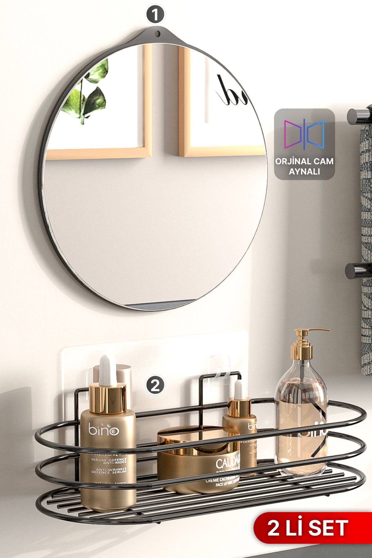 Bino Banyo Düzenleyici 2 Li Set Ayna ve Organizer Yapışkanlı Lüks Tasarım  Ayna Kozmetik Rafı