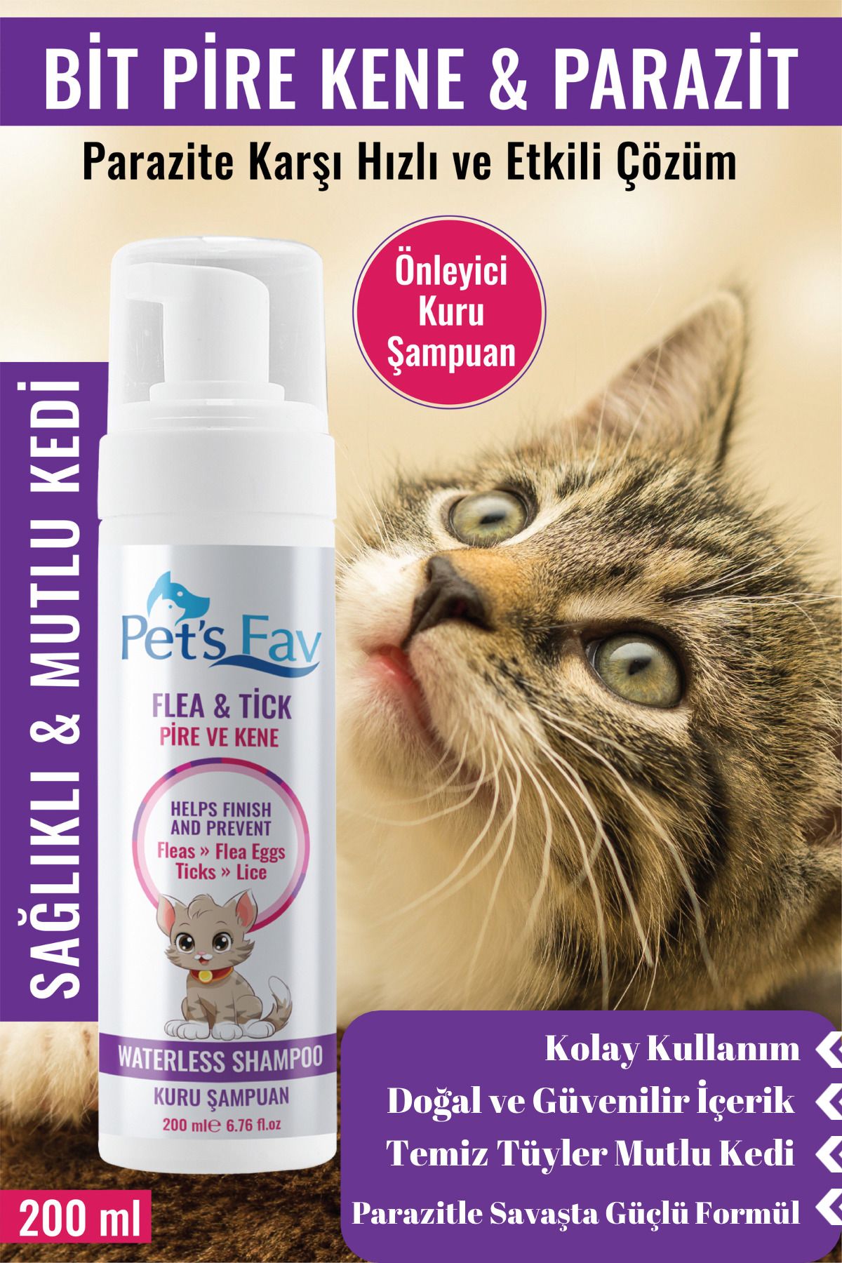 Pets Fav Kedi Bit Pire Kene ve Parazit Önleyici Kuru Köpük Şampuanı