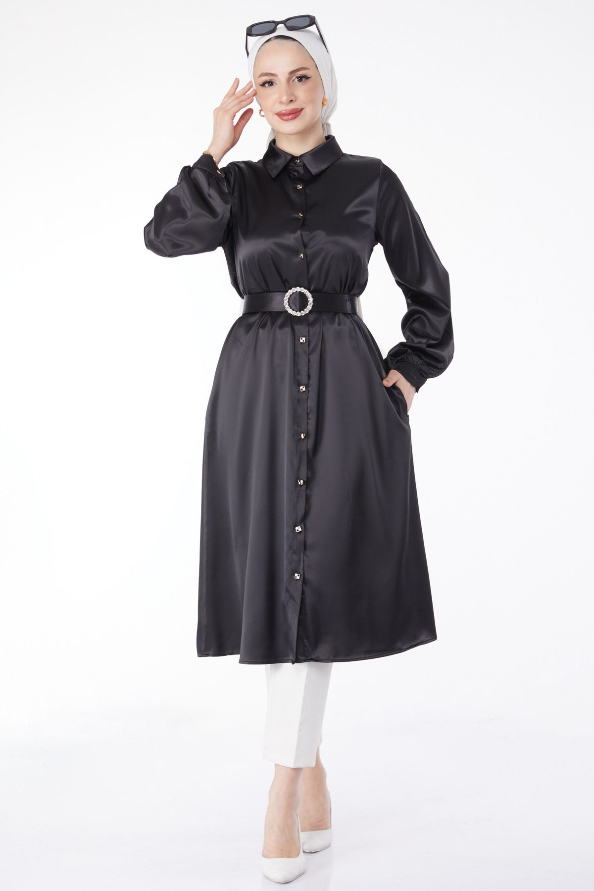 TOFİSA Düz Gömlek Yaka Kadın Siyah Parlak Kemerli Elbise - 24960