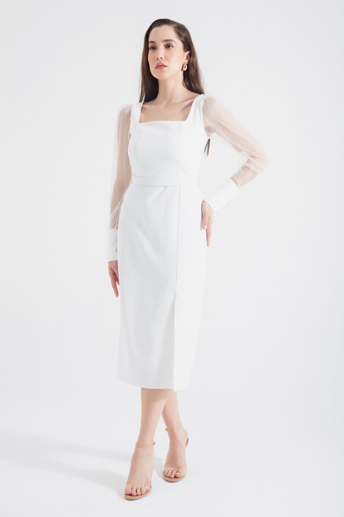 Lafaba Kadın Beyaz Kare Yaka Yırtmaçlı Midi Elbise