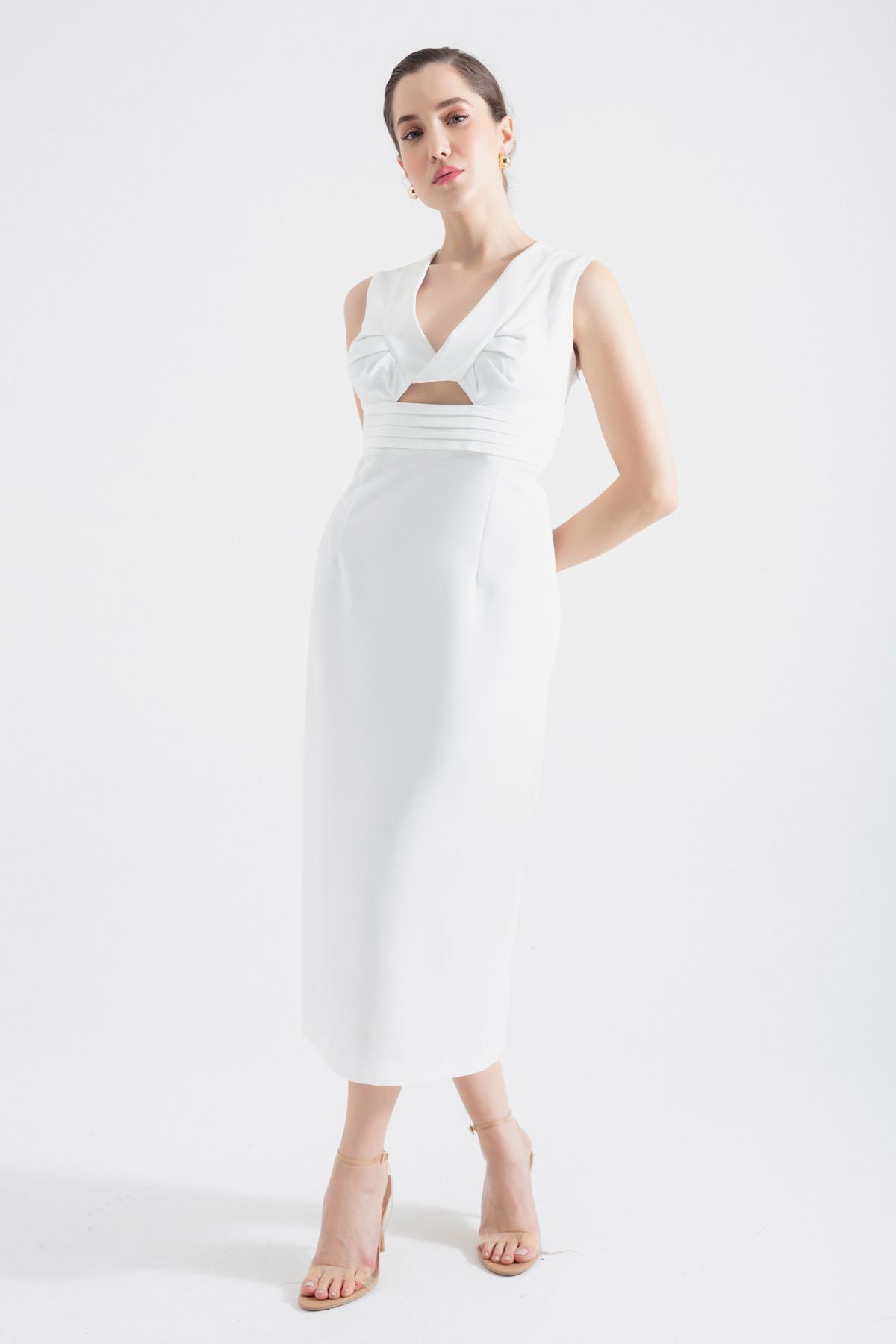 Lafaba Kadın Beyaz V Yaka Bel Dekolteli Midi Elbise