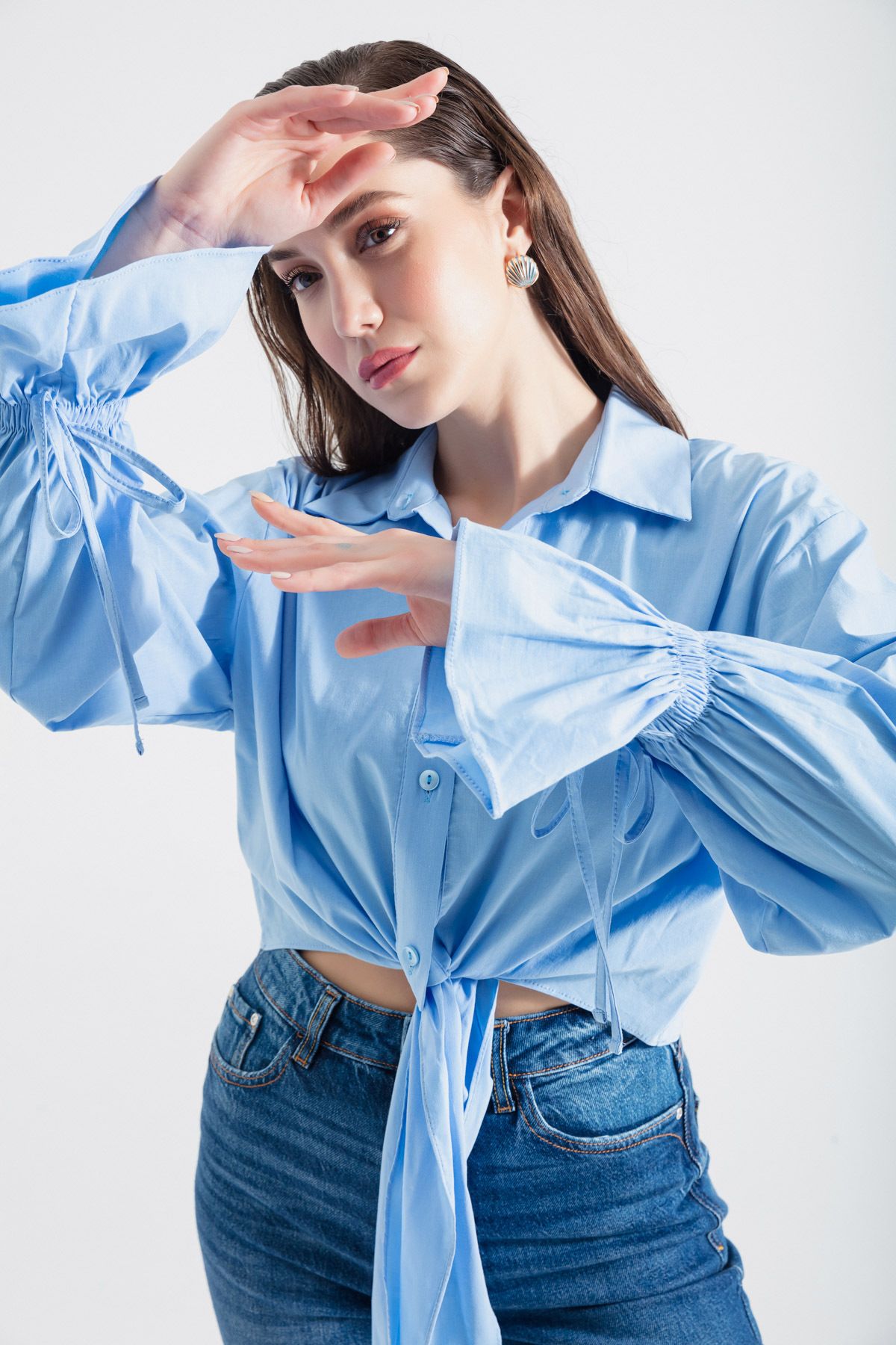 Lafaba Kadın Mavi Bağlama Detaylı Uzun Kollu Gömlek